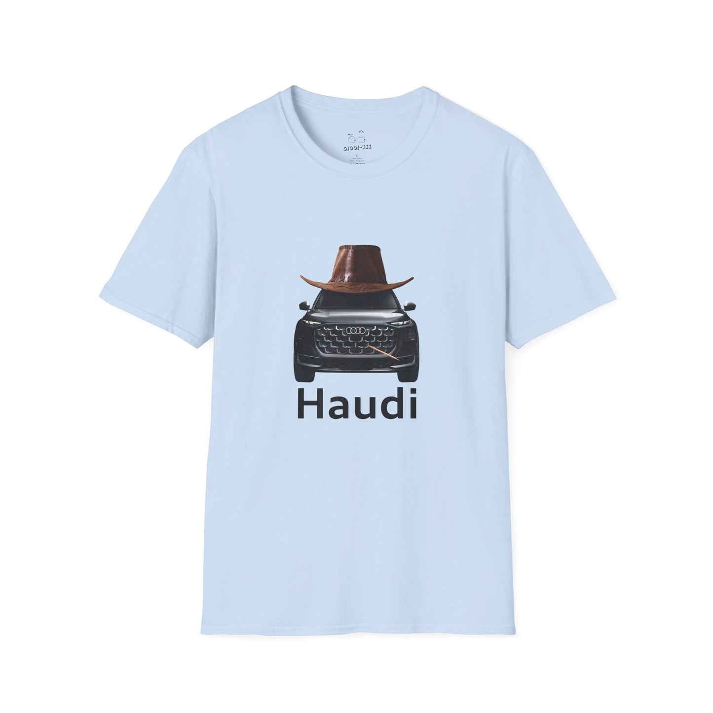 Haudi funny car shirt featuring an Audi with a cowboy hat and toothpick