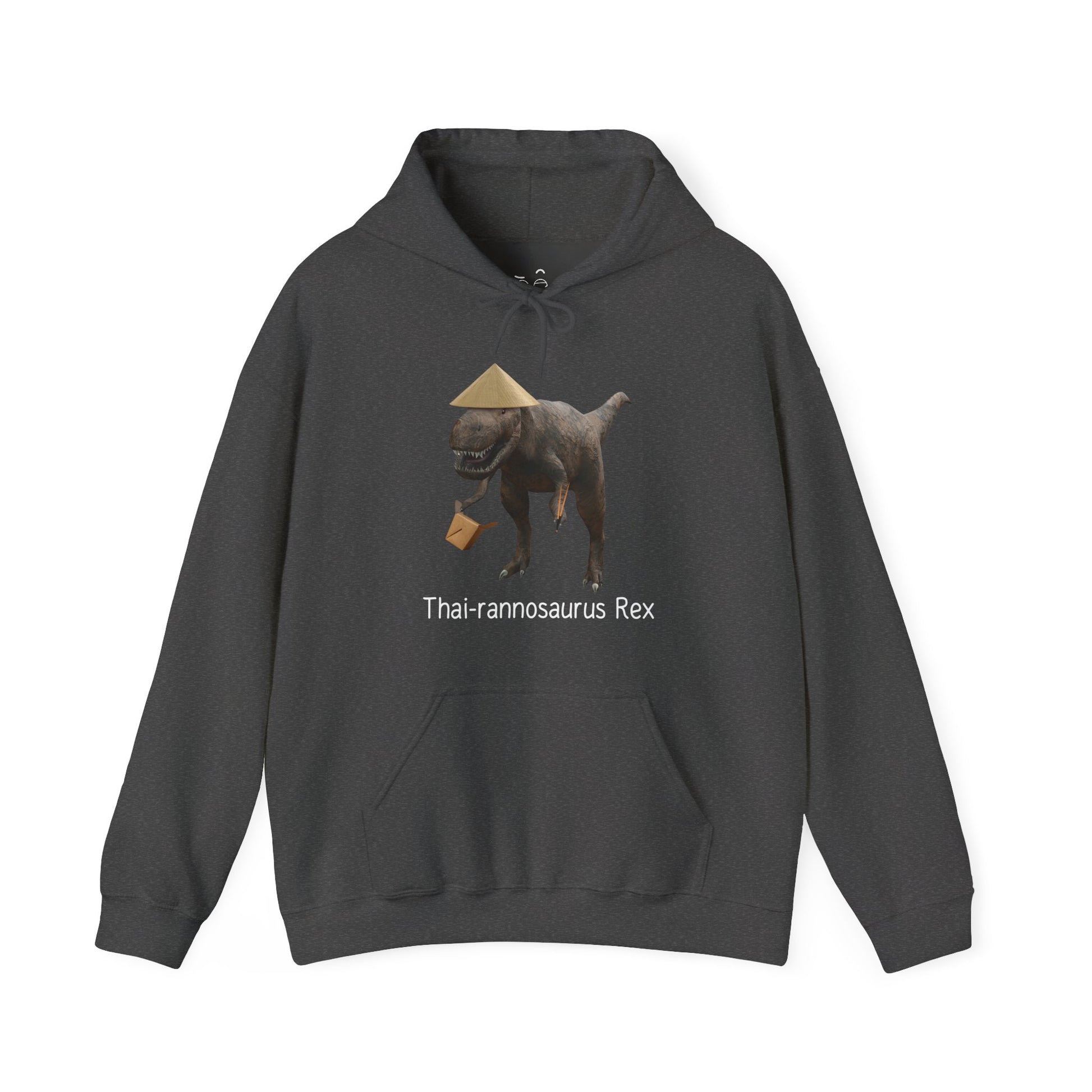 Thai-rannosaurus Rex hoodie featuring a T-Rex with chopsticks and takeout box