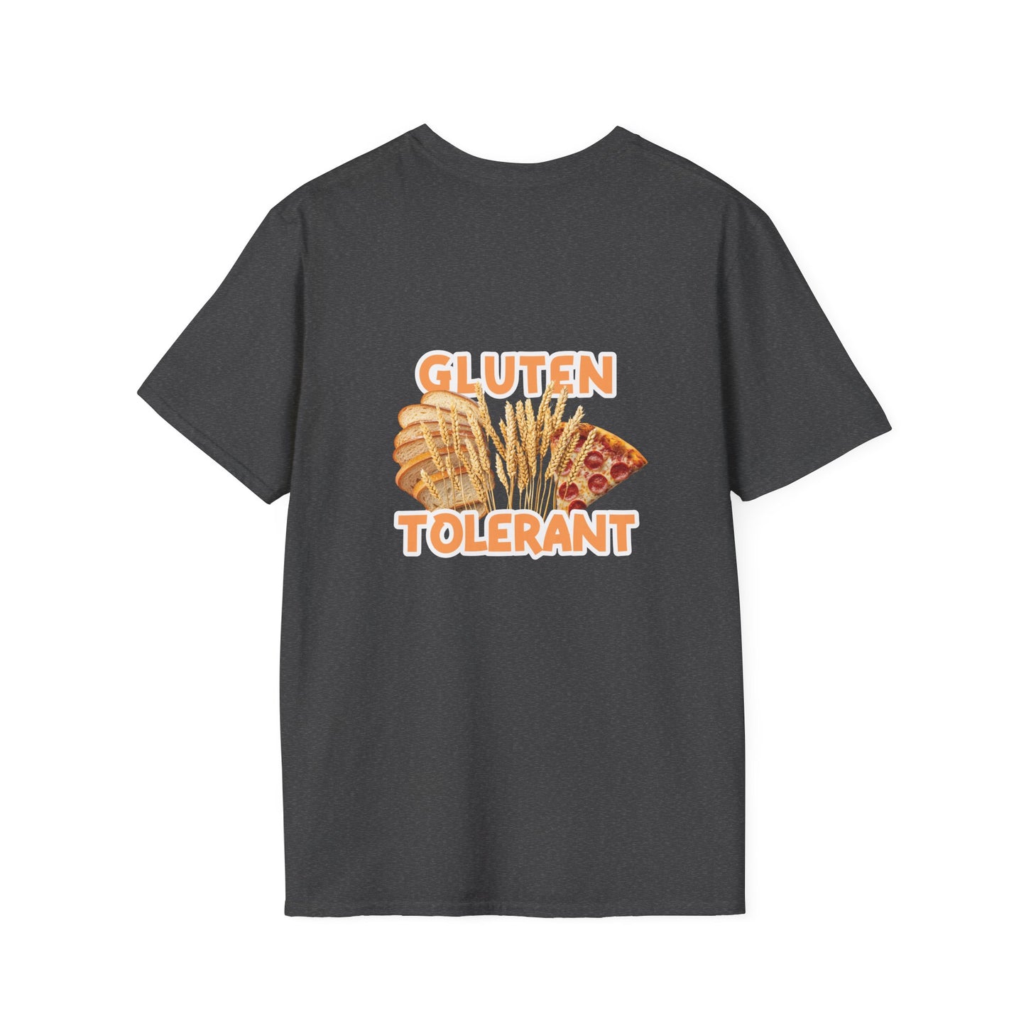 Gluten Tolerant t-shirt featuring wheat, bread, and pizza illustration