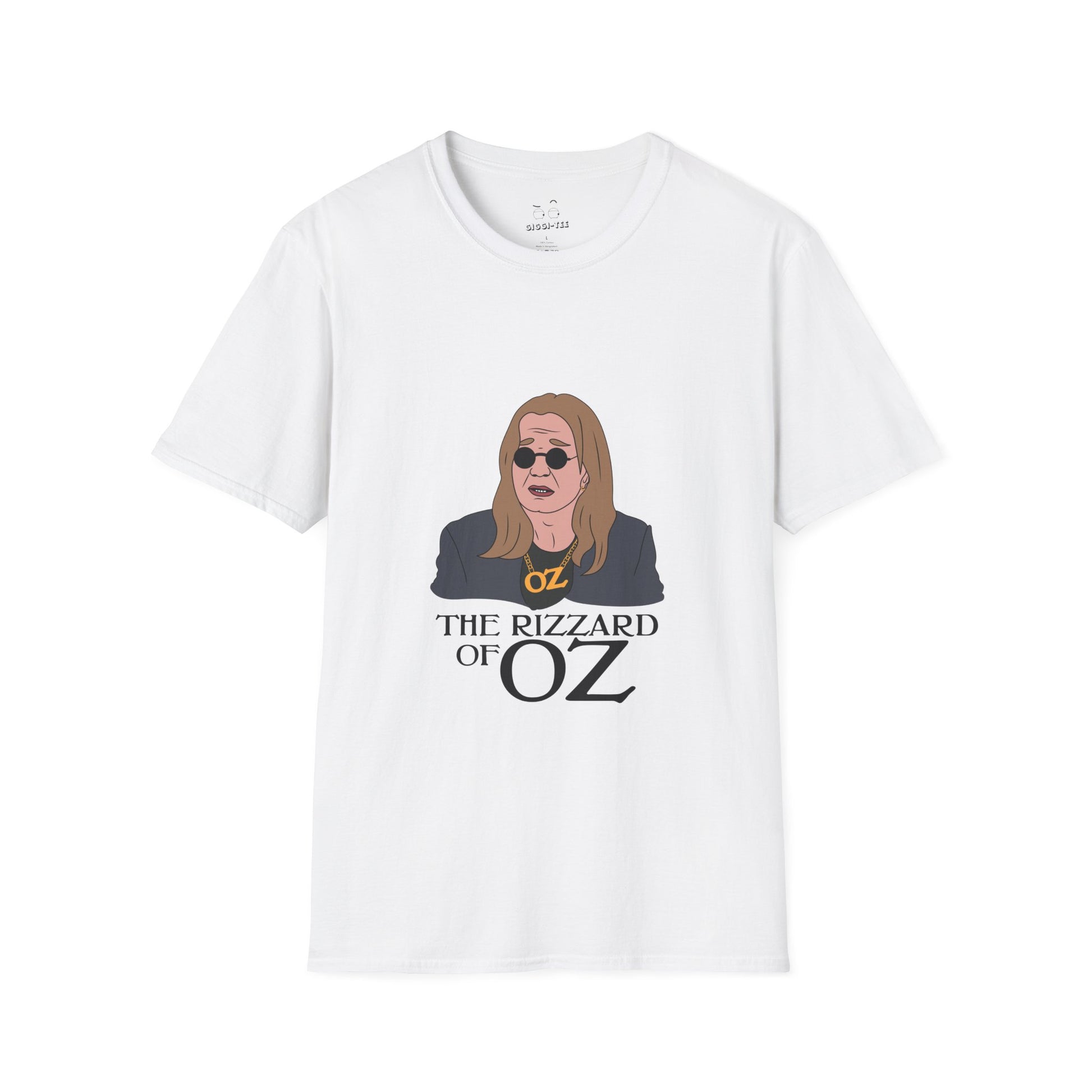 T-shirt featuring a caricature of Ozzy Osbourne dressed as a wizard, a mashup of "The Wizard of Oz" and "Rizz" slang.