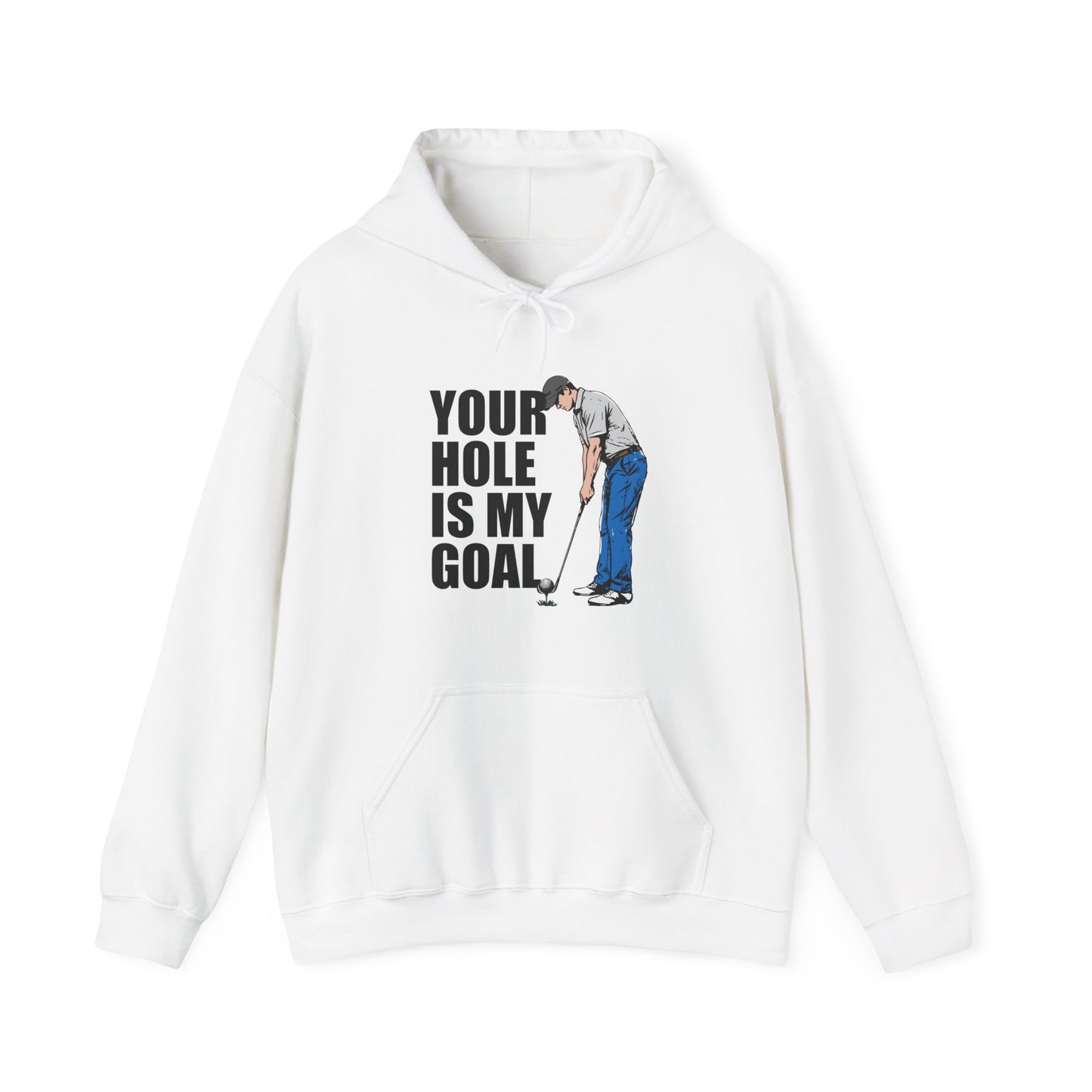 Funny golf design featuring a golfer with a golf club and ball on the pin, with the text “Your Hole Is My Goal.”