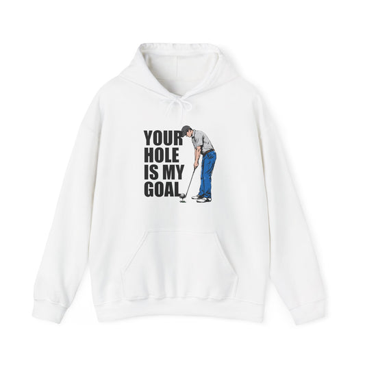 Funny golf design featuring a golfer with a golf club and ball on the pin, with the text “Your Hole Is My Goal.”