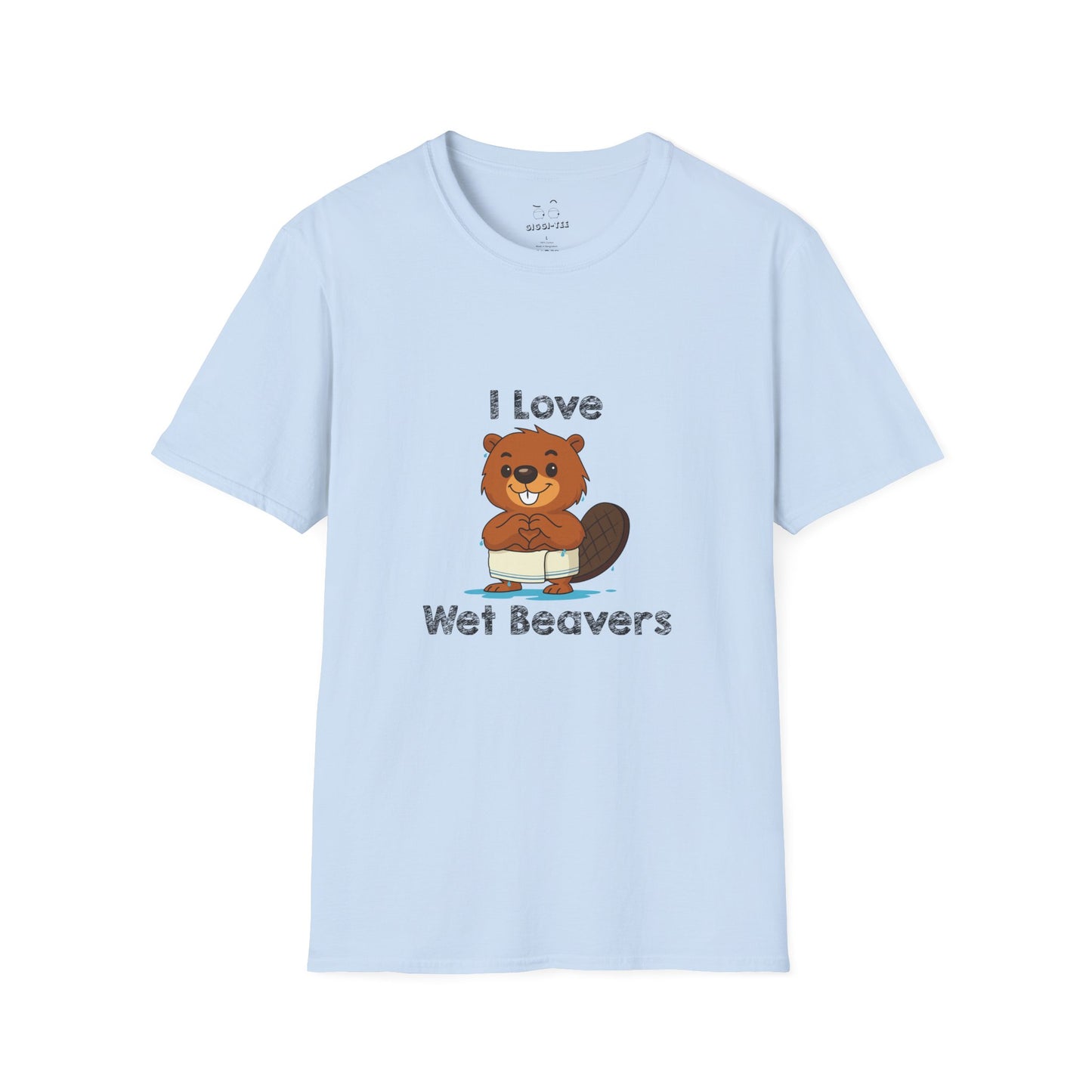 Funny beaver cartoon wearing a towel and dripping water, making a heart shape with its hands, “I Love Wet Beavers” humorous graphic design shirt