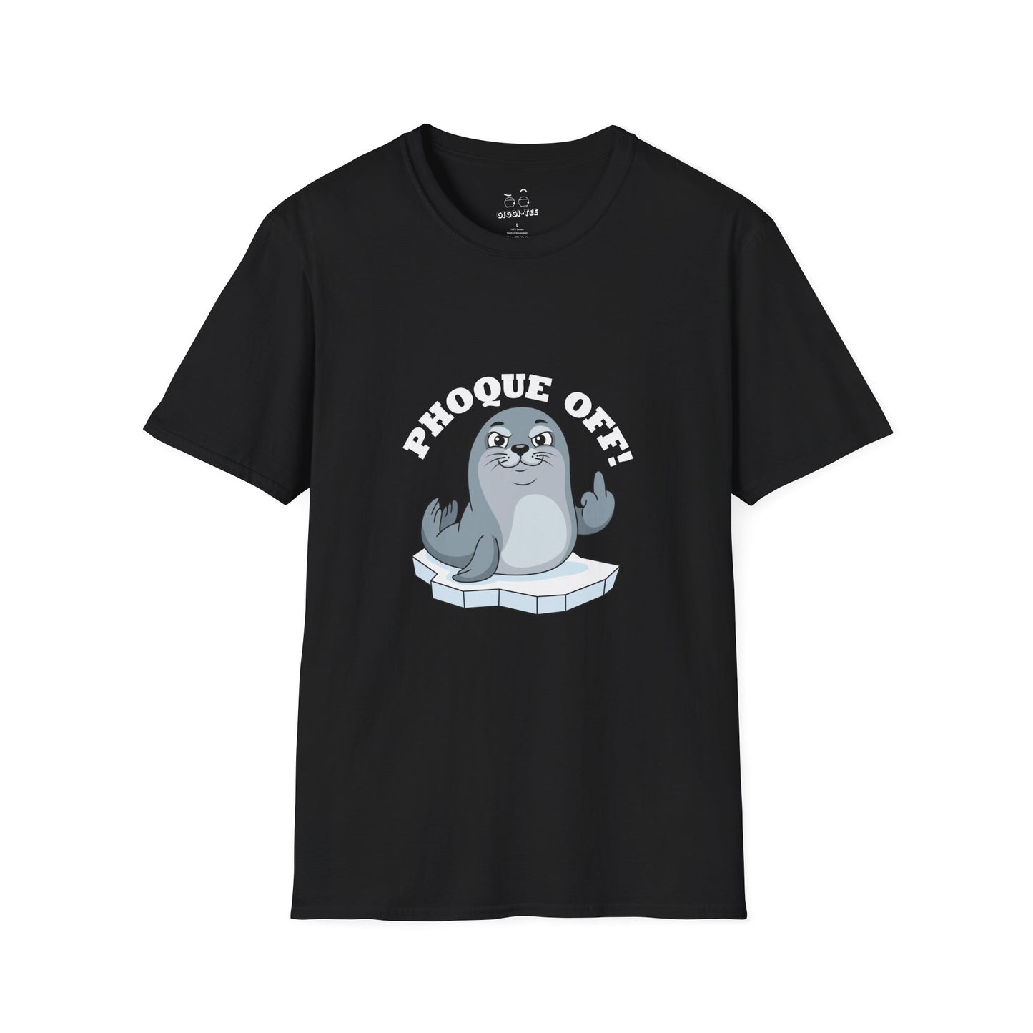 A seal giving the middle finger with the words "Phoque Off," a humorous French wordplay graphic design for a funny pun T-shirt.