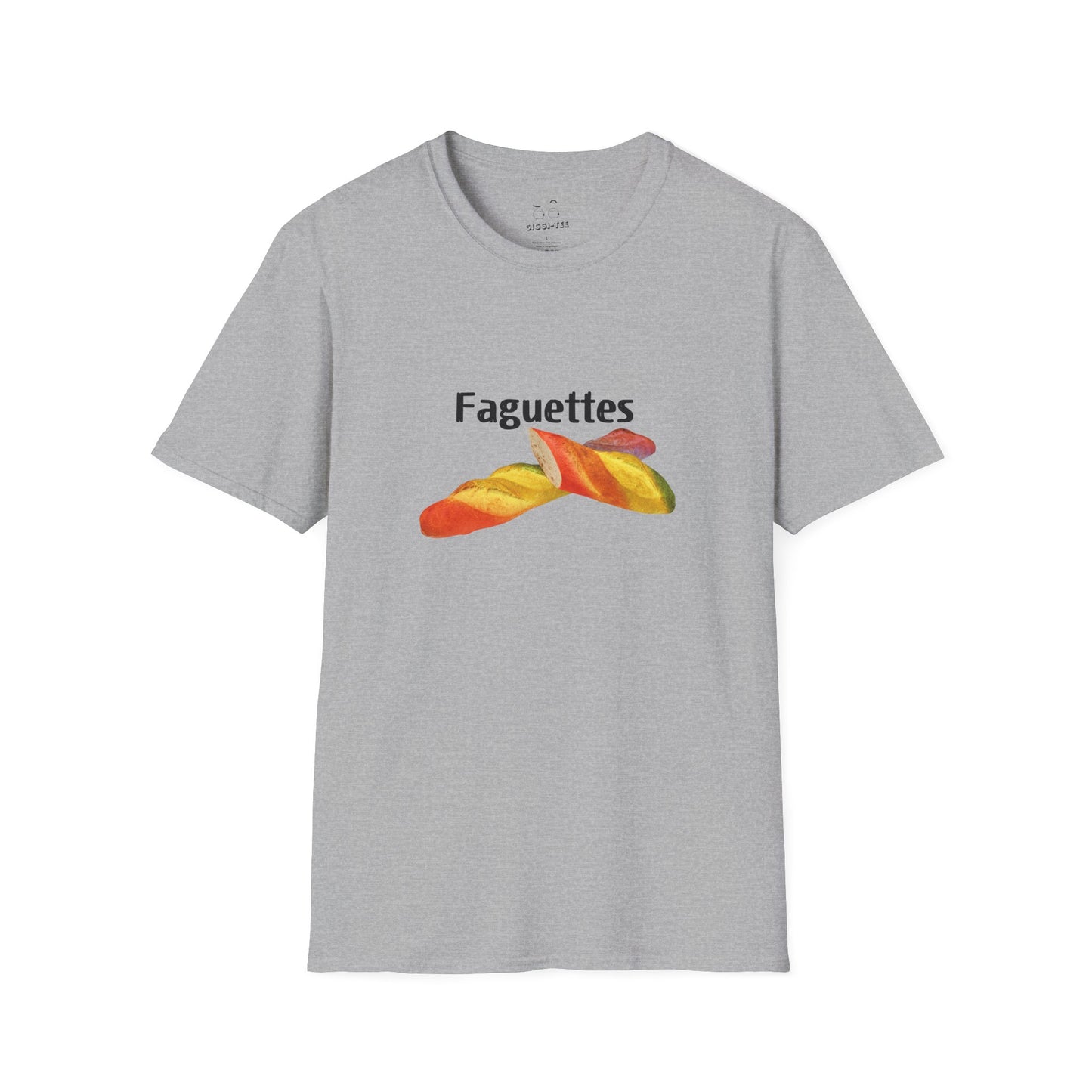Funny rainbow baguette graphic on a unisex t-shirt featuring the parody design “Faguettes” with colorful pride-inspired artwork.