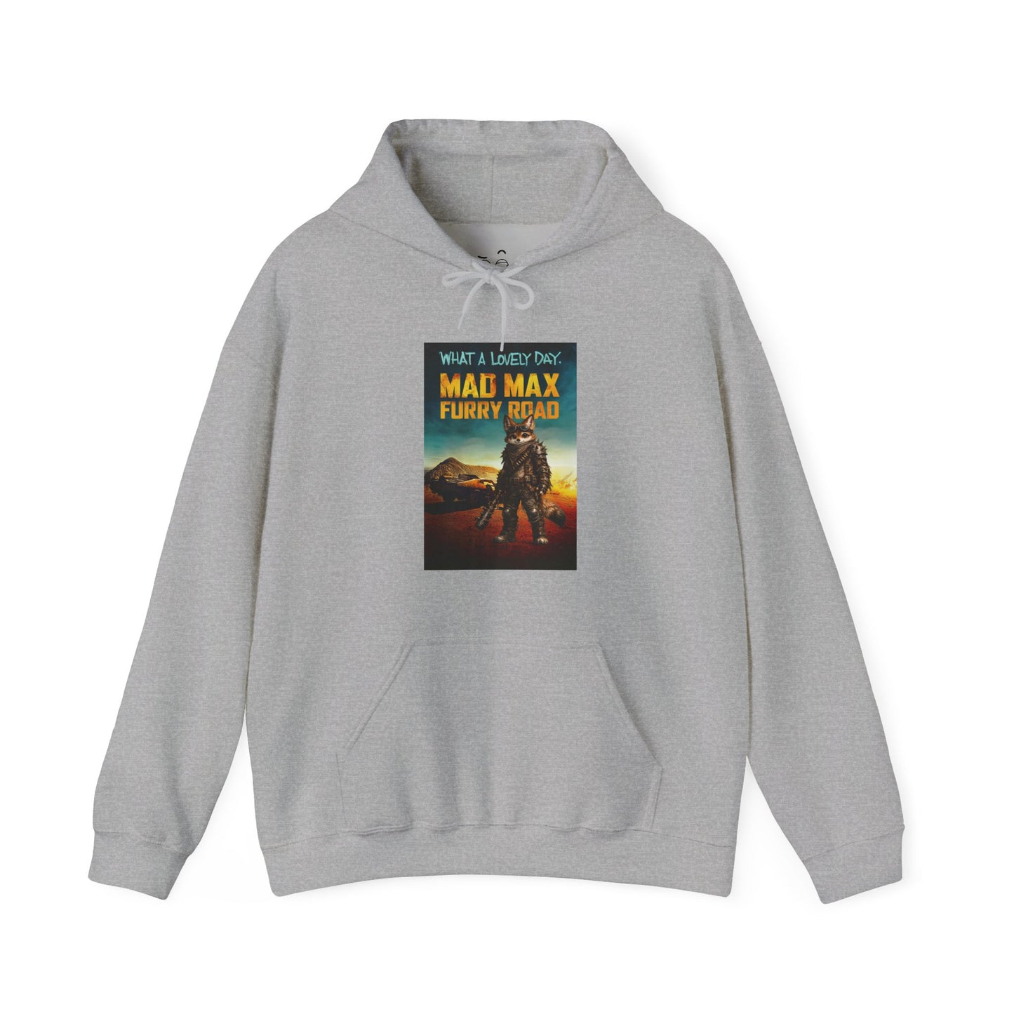 Mad Max Furry Road hoodie design with a furry character parody on a post-apocalyptic movie poster graphic.