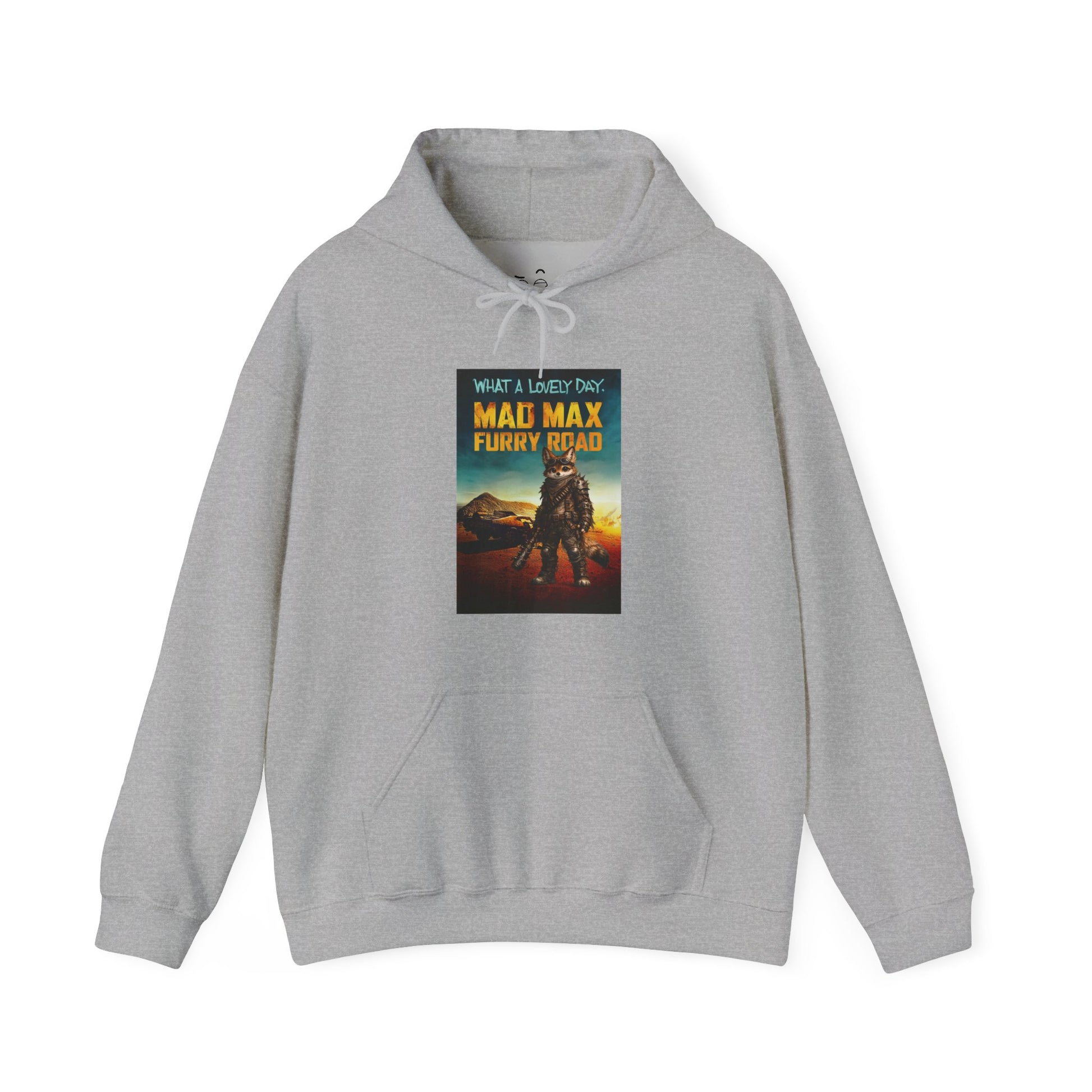 Mad Max Furry Road hoodie design with a furry character parody on a post-apocalyptic movie poster graphic.