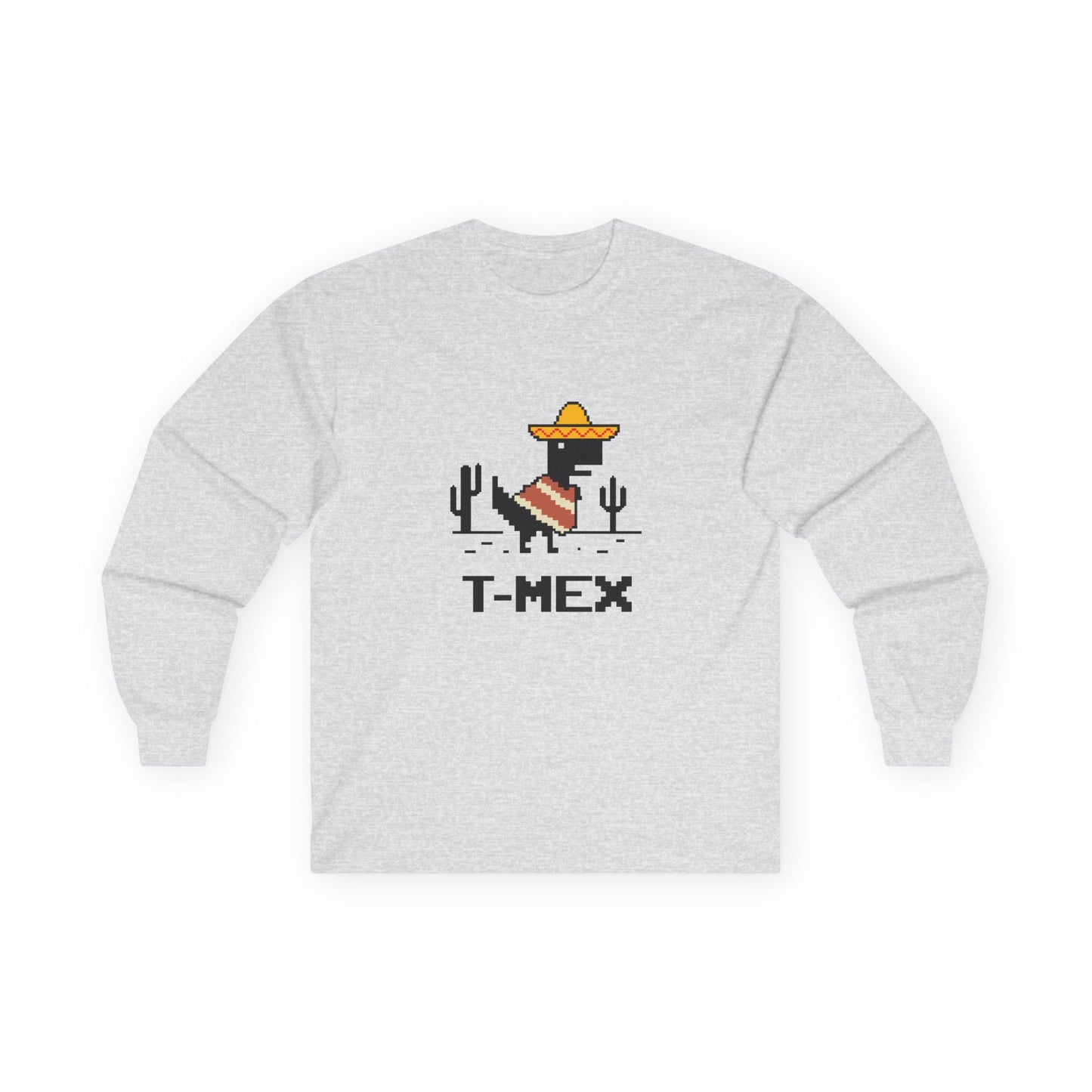 T-Mex Mexican T-Rex wearing sombrero and poncho 8-bit pixel art long sleeve shirt