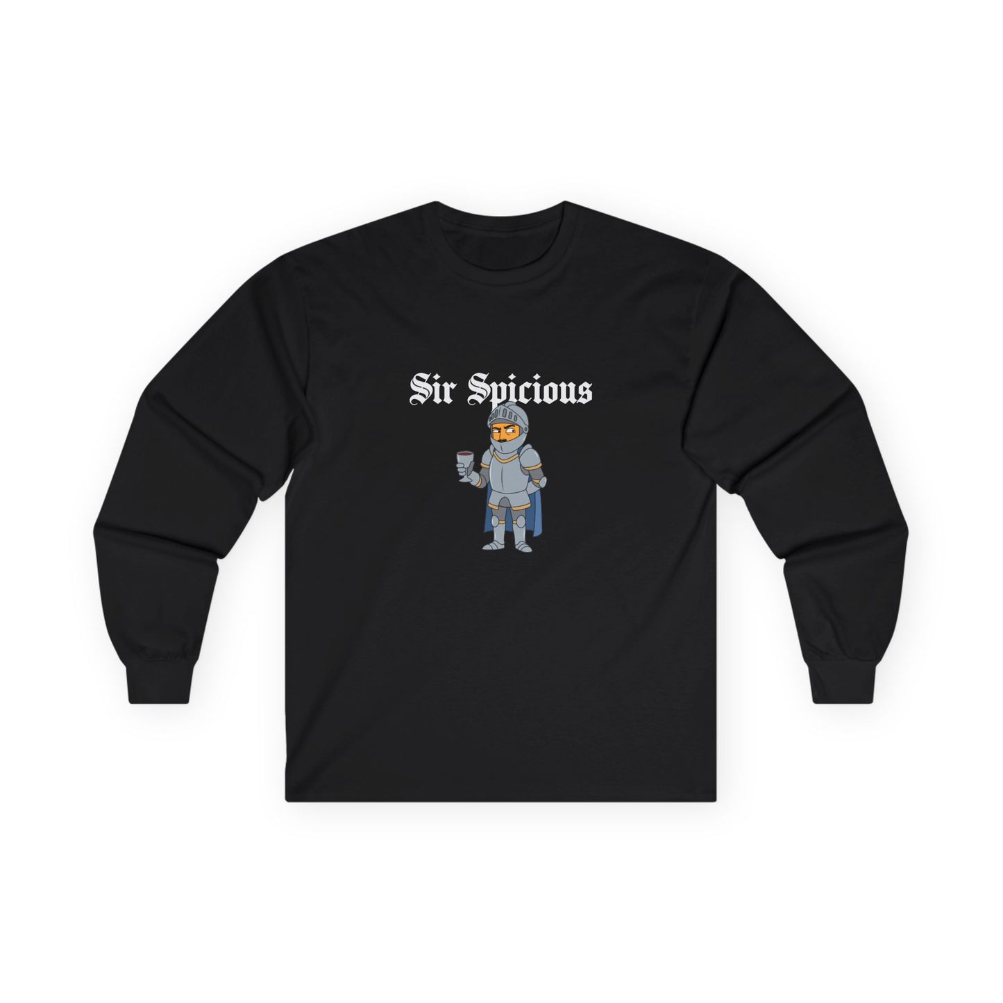 Sir Spicious funny suspicious knight graphic on a white long sleeve shirt