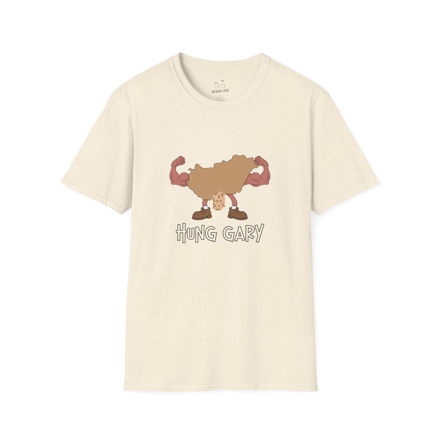 Hung Gary pun shirt: Hungary map illustration flexing muscles with an adult-themed pixelated graphic. Funny geography.