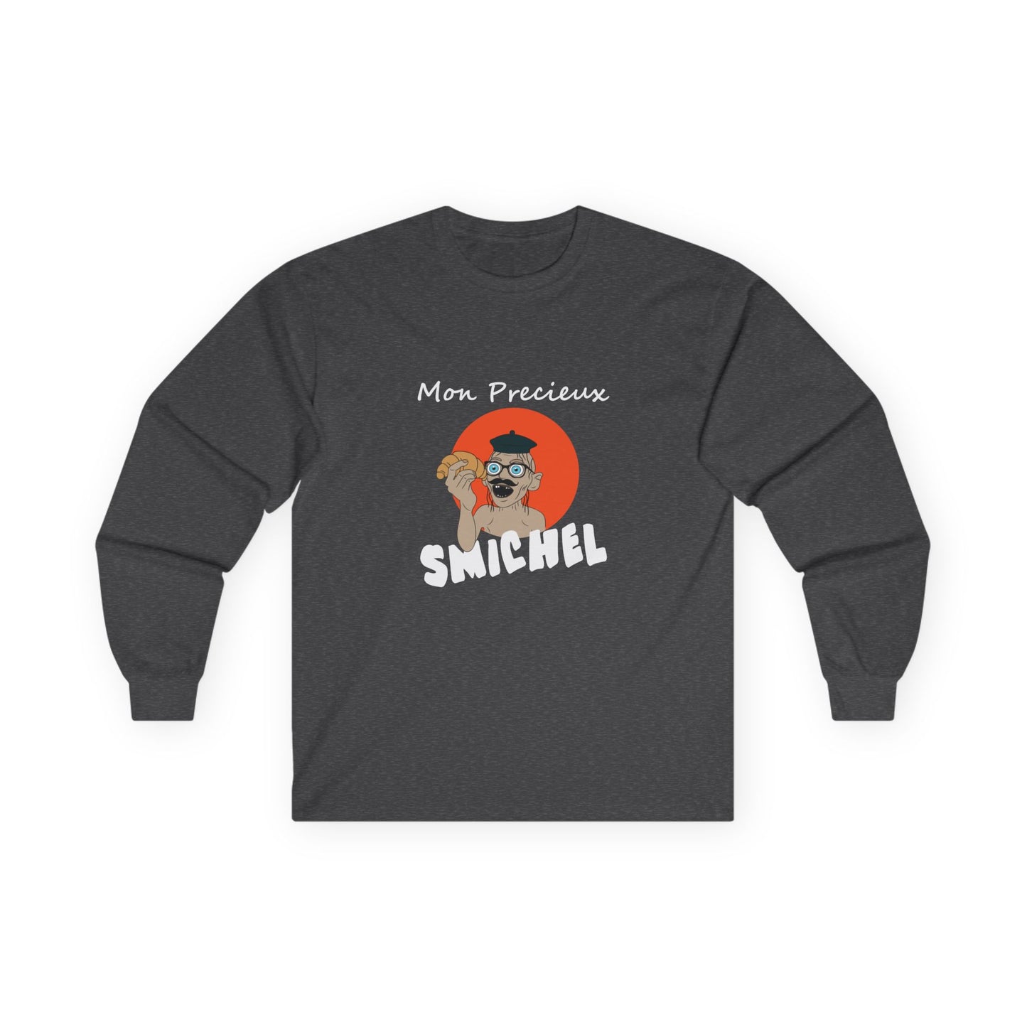 Long sleeve T-shirt showing a French Smeagol in a beret and mustache holding a croissant with the text "Mon Précieux."