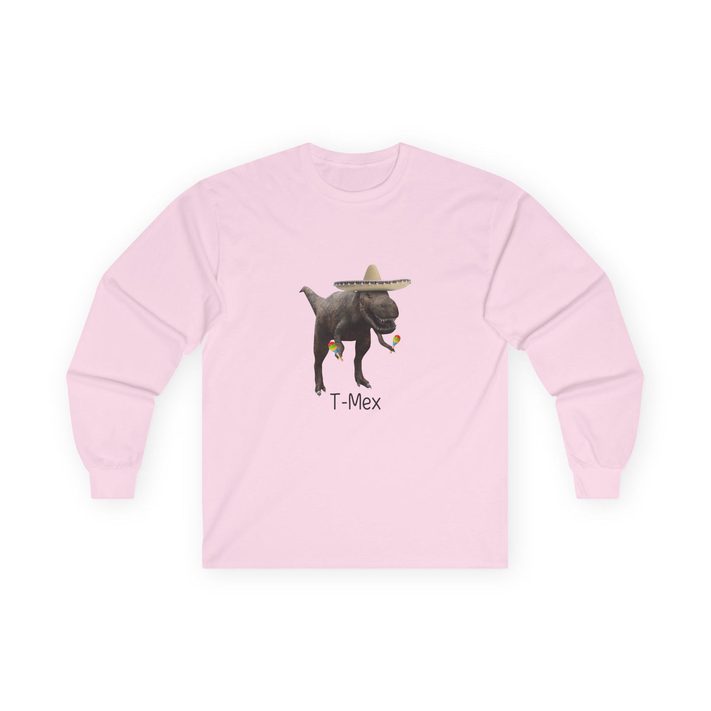 T-Mex dinosaur pun design on a long sleeve shirt featuring a festive T-Rex with a sombrero and maracas.