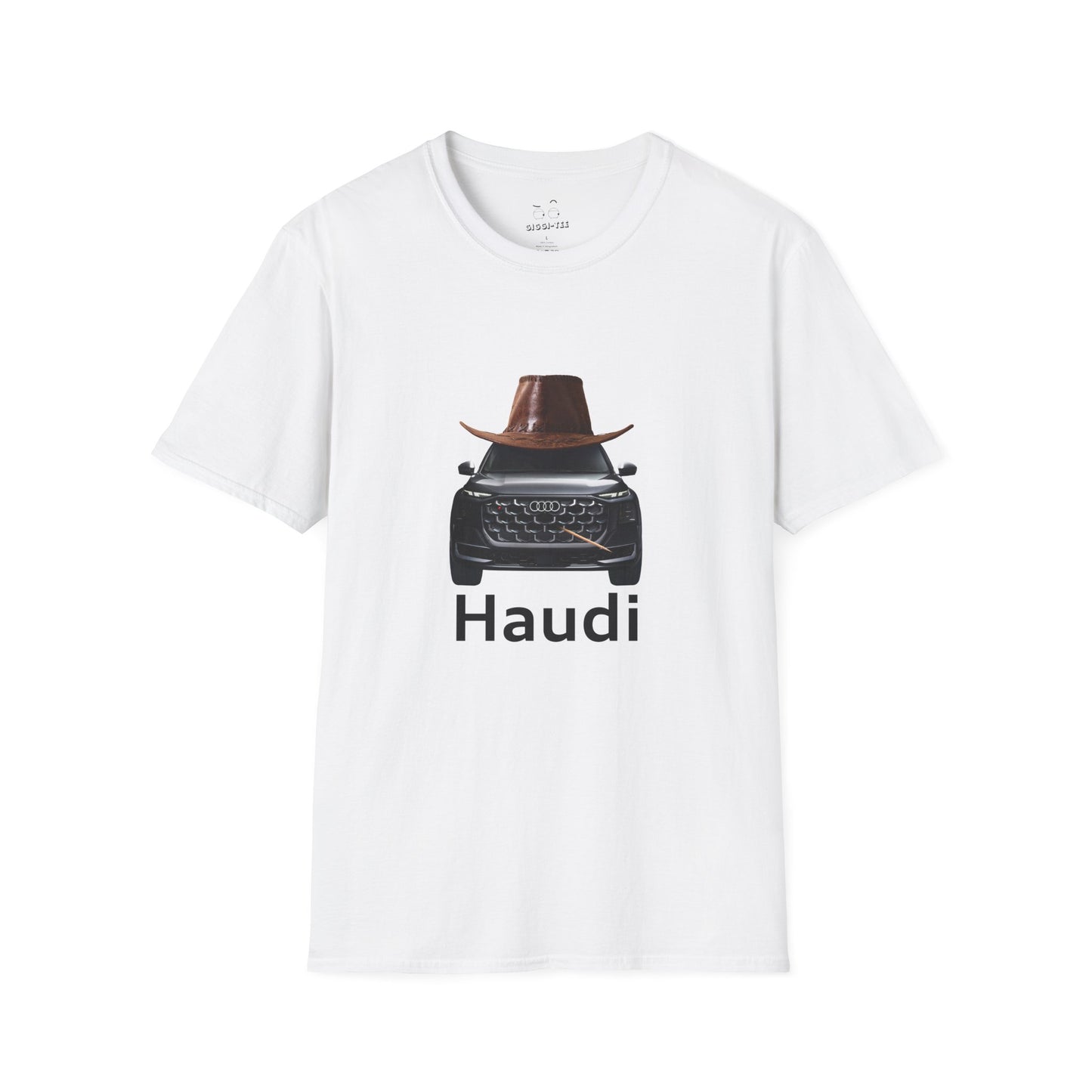 Haudi funny car shirt featuring an Audi with a cowboy hat and toothpick