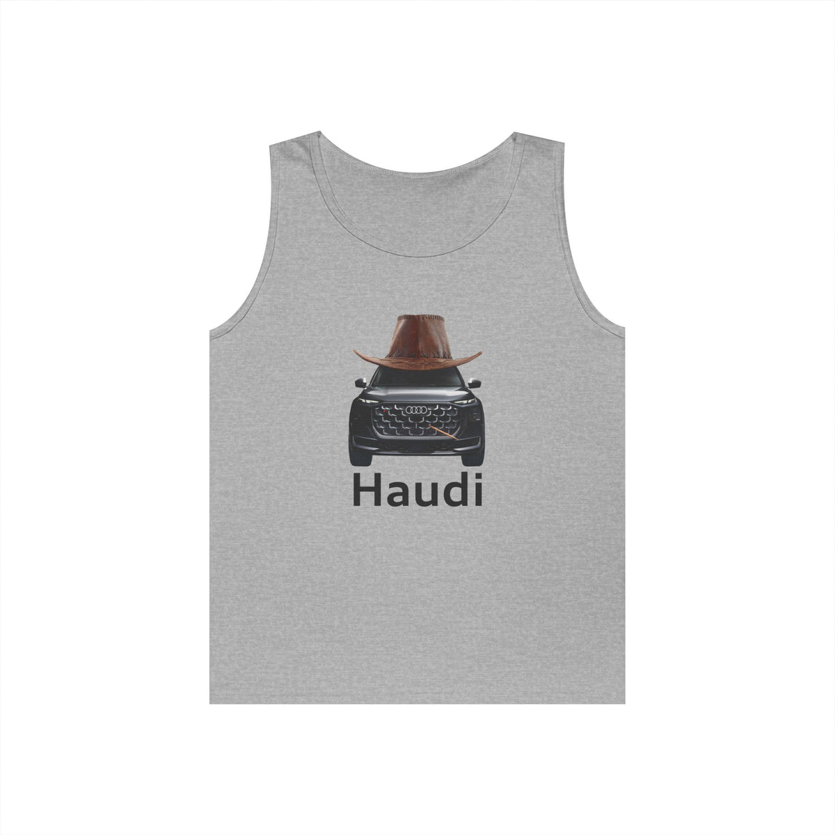 Haudi funny car tank top featuring an Audi wearing a cowboy hat and toothpick