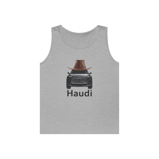 Haudi funny car tank top featuring an Audi wearing a cowboy hat and toothpick
