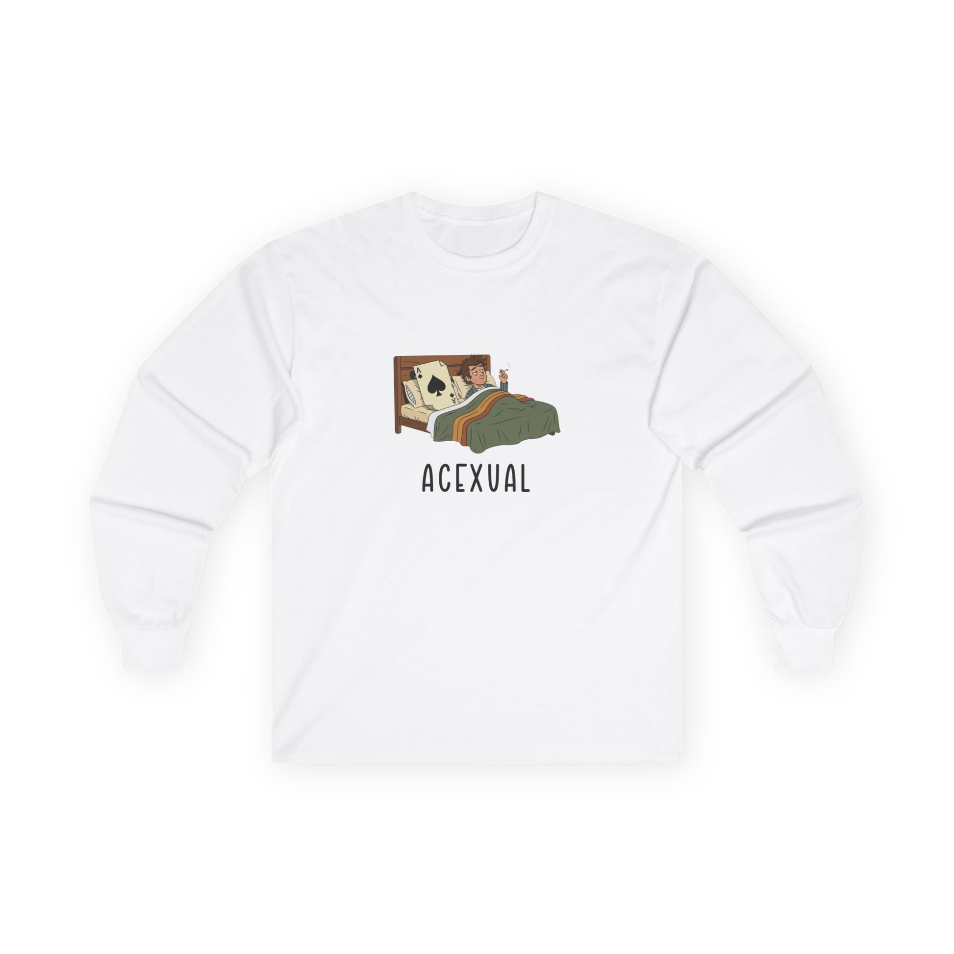 Funny Acexual long sleeve shirt design showing a man lying in bed next to an Ace playing card in a humorous asexual pun illustration.