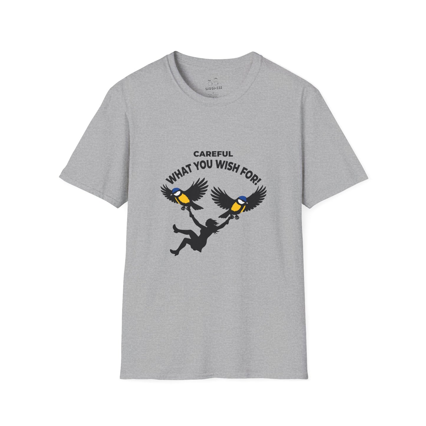 Funny big tits pun shirt showing two giant birds carrying a woman with the caption “Careful What You Wish For