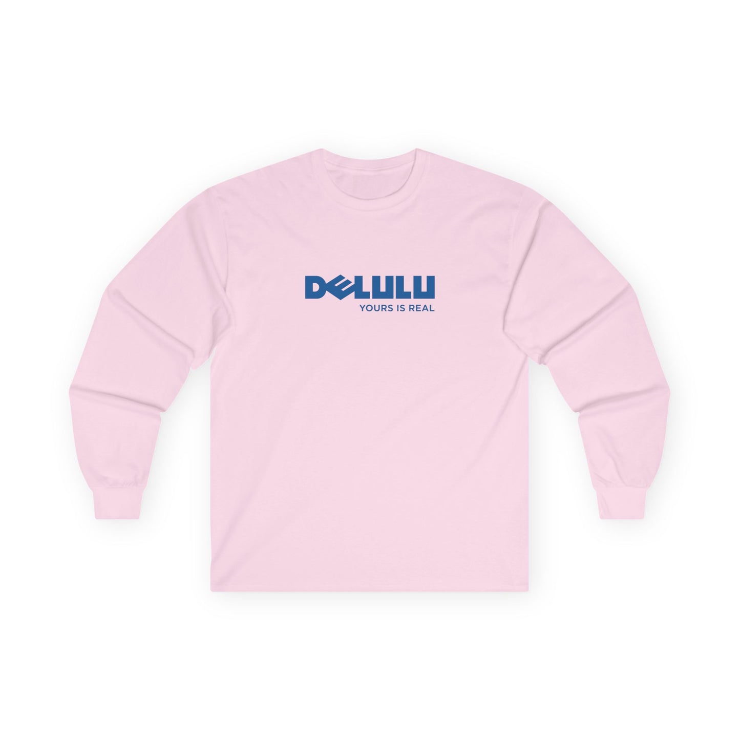Delulu parody long sleeve t-shirt design with Dell logo transformed into the word ‘Delulu’, nerdy tech humor shirt, laptop and computer fan gift