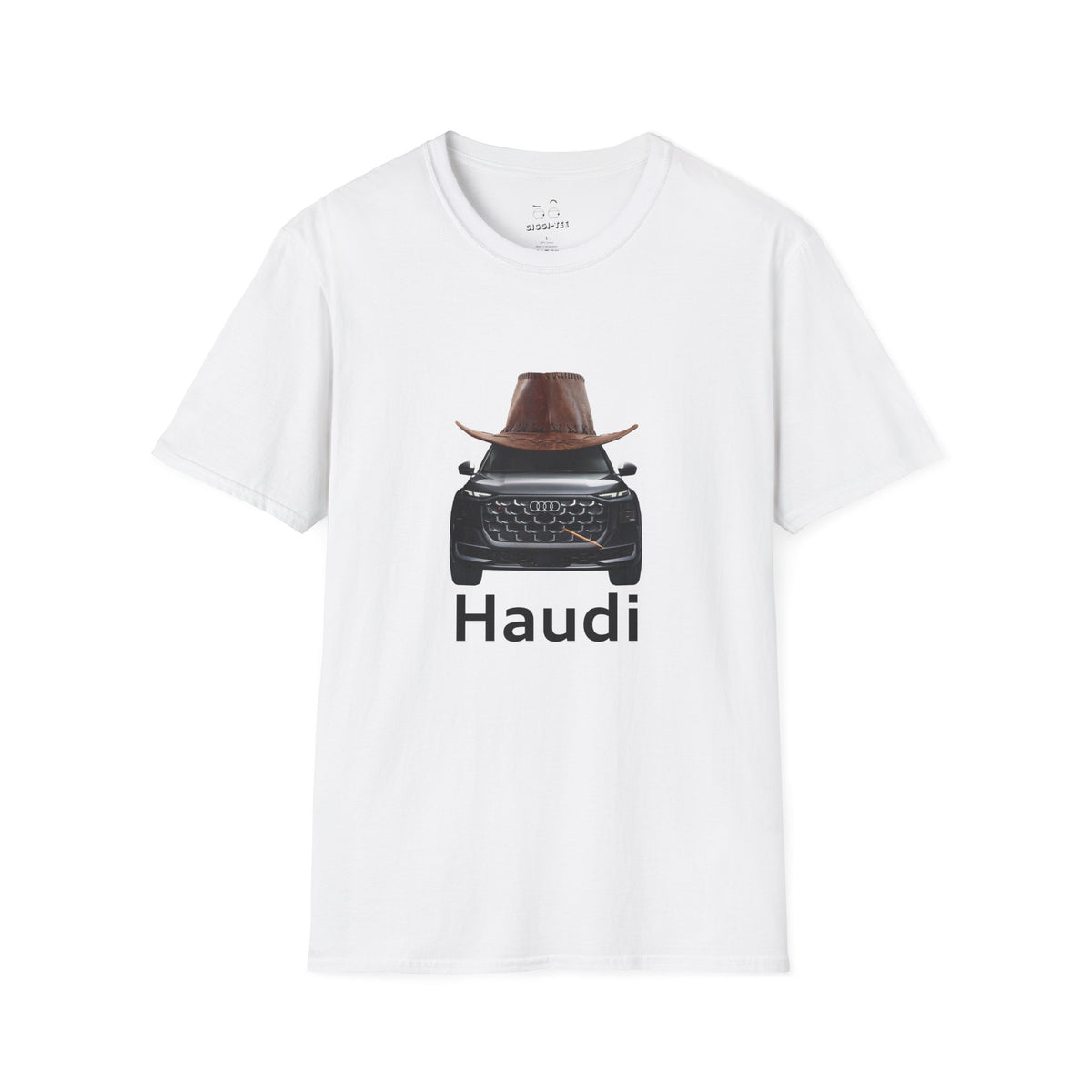 Haudi funny car shirt featuring an Audi with a cowboy hat and toothpick