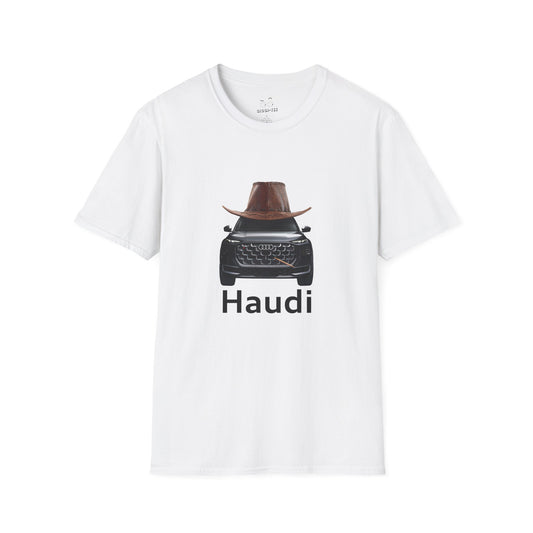 Haudi funny car shirt featuring an Audi with a cowboy hat and toothpick