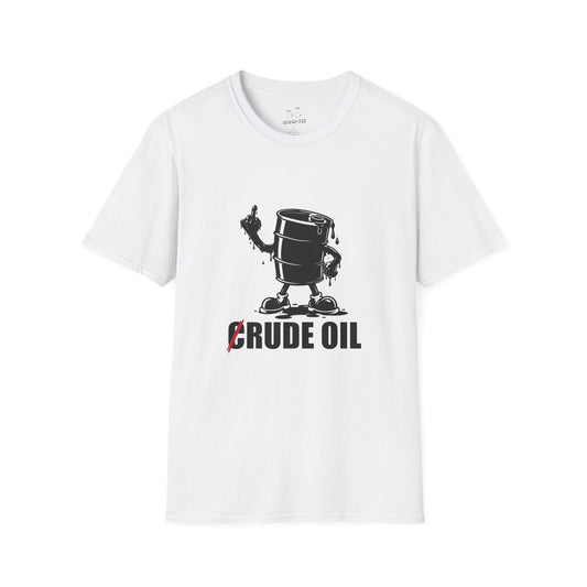 Rude Oil graphic T-shirt featuring an illustrated oil barrel giving the middle finger with an oil-shaped hand and a crossed-out C in the words Crude Oil.