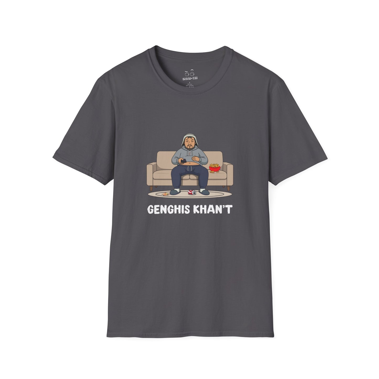 Genghis Khan't featuring Genghis Khan wearing gray sweatpants and hoodie, lounging on a couch in front of a TV, modern humorous historical parody t-shirt design