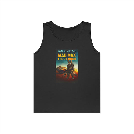 Mad Max Furry Road tank top design featuring a furry character in a funny post-apocalyptic parody poster.
