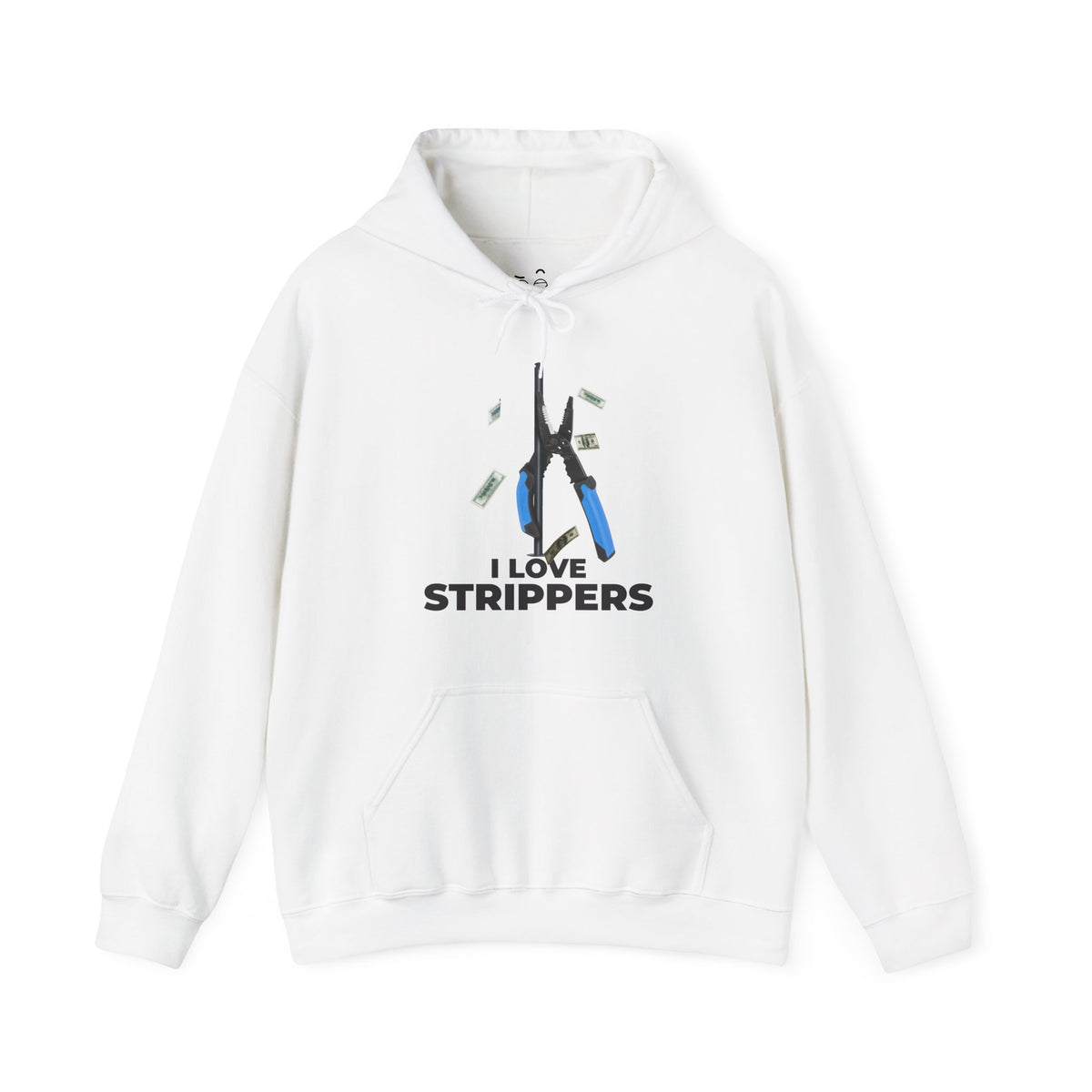 I Love Strippers Hoodie with a wire stripper dancing on a pole and dollar bills flying around, funny electrician graphic.