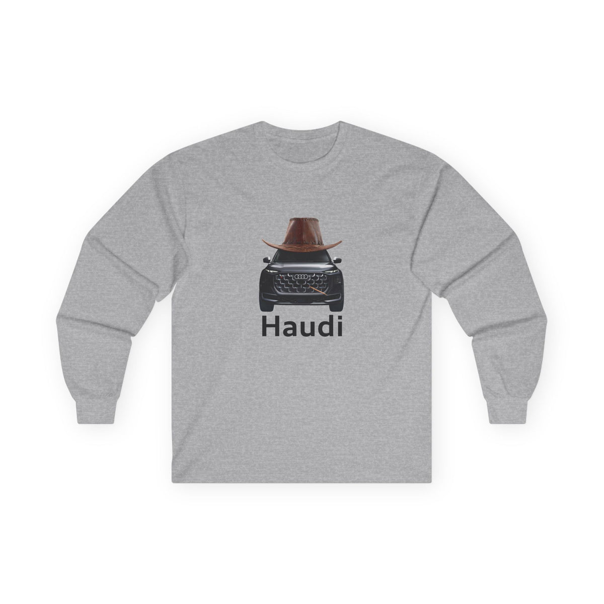Haudi funny car long sleeve shirt showing an Audi with cowboy hat and toothpick