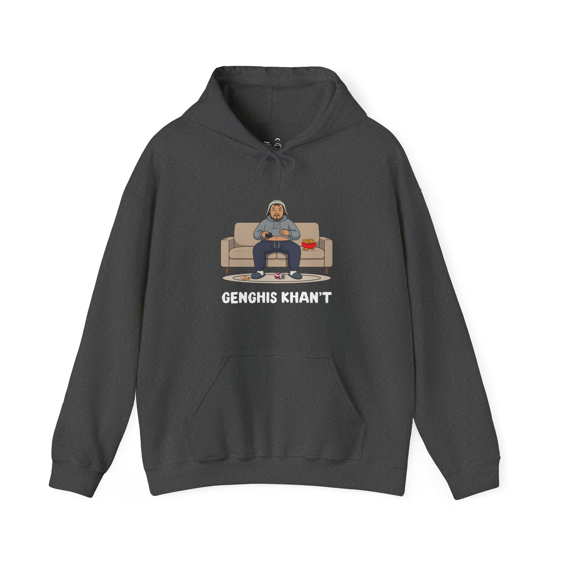 Genghis Khan’t parody hoodie featuring Genghis Khan sitting on a couch in pajamas holding a TV remote