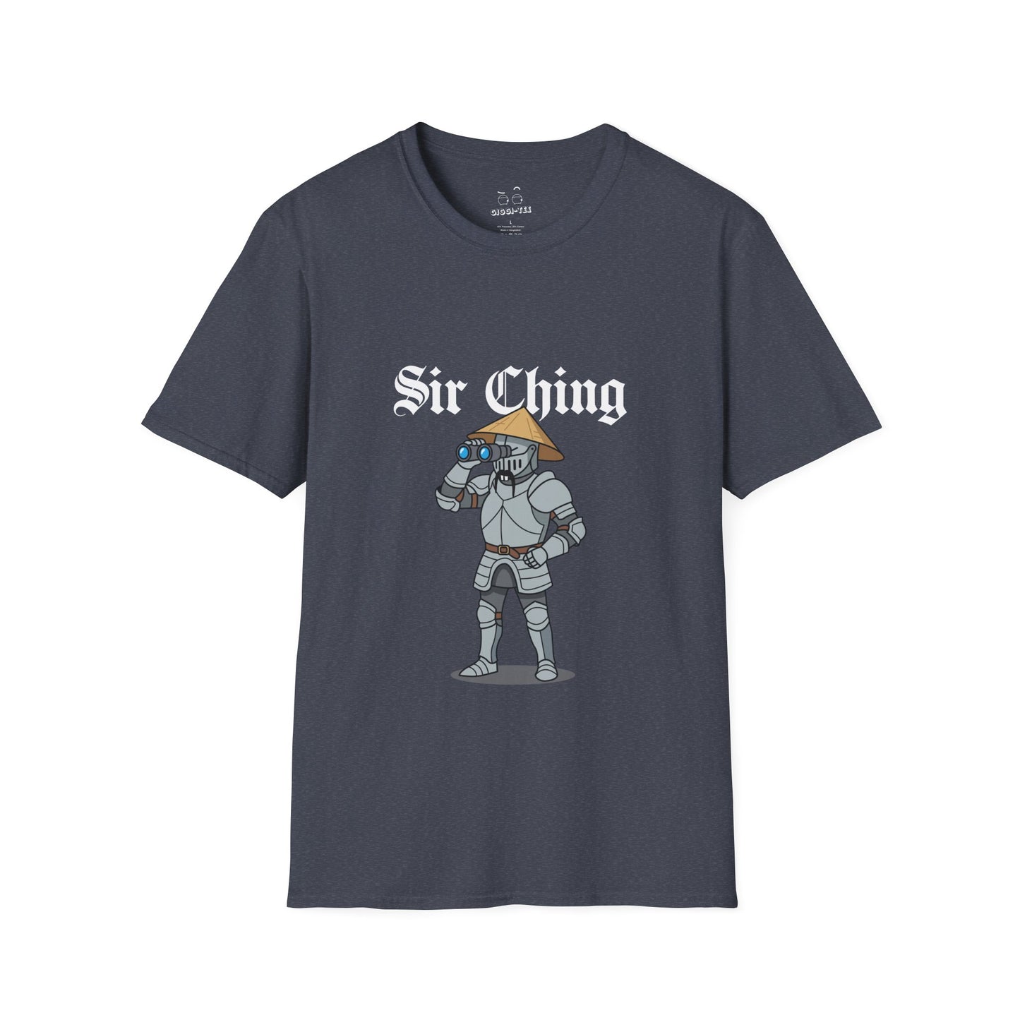 Sir Ching funny knight graphic shirt showing a goofy Asian-inspired medieval knight in shining armor searching with binoculars, wearing a cone hat and buck teeth.