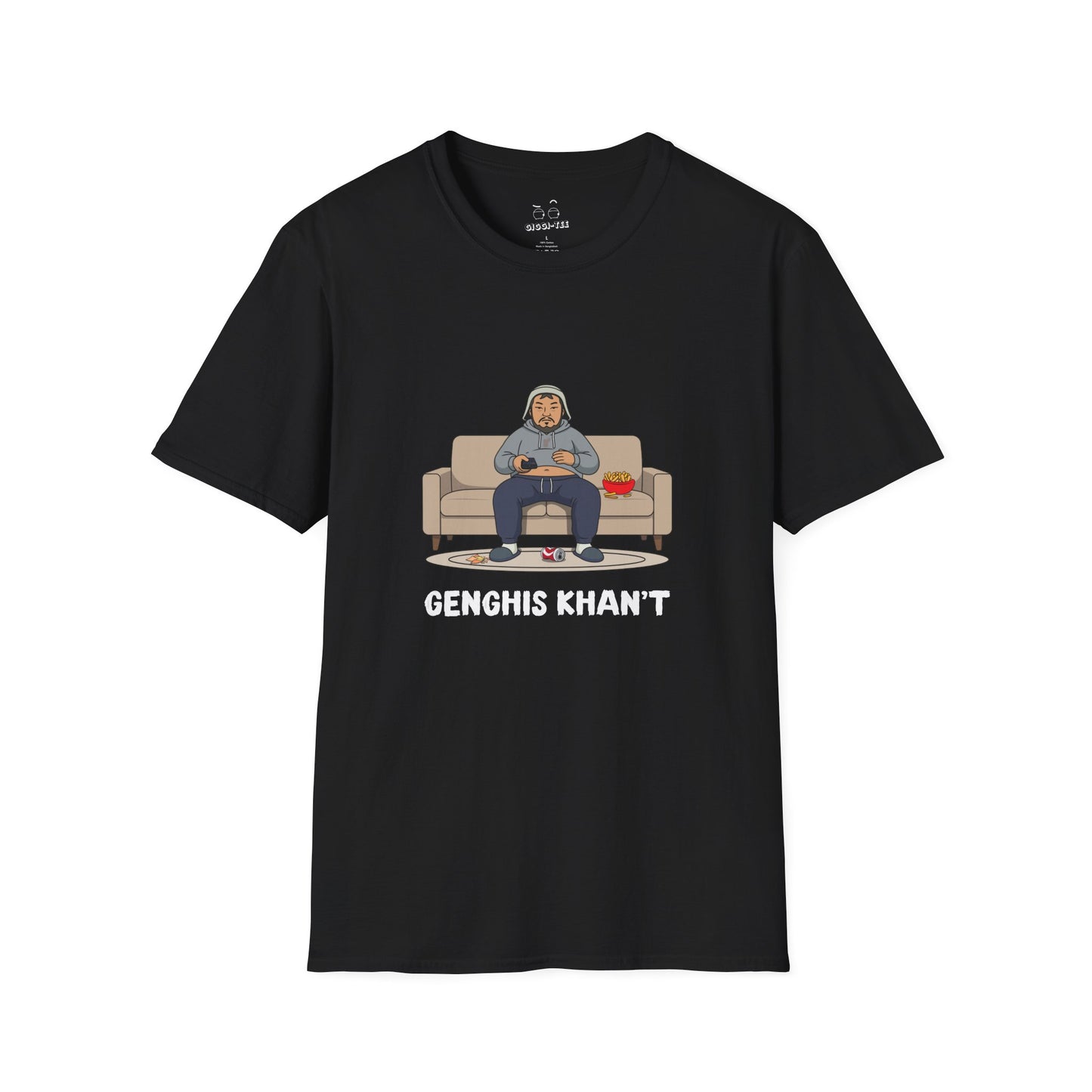 Genghis Khan't featuring Genghis Khan wearing gray sweatpants and hoodie, lounging on a couch in front of a TV, modern humorous historical parody t-shirt design