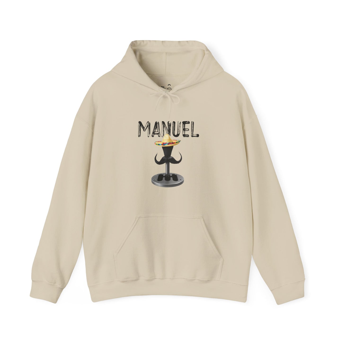 Manuel automotive parody hoodie featuring a manual transmission with sombrero and mustache