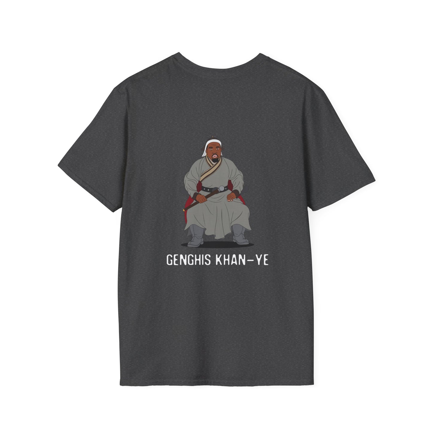Genghis Khan Ye: Parody back print shirt illustration of Ye dressed as Genghis Khan in Mongolian armor. Funny hip hop culture pun.