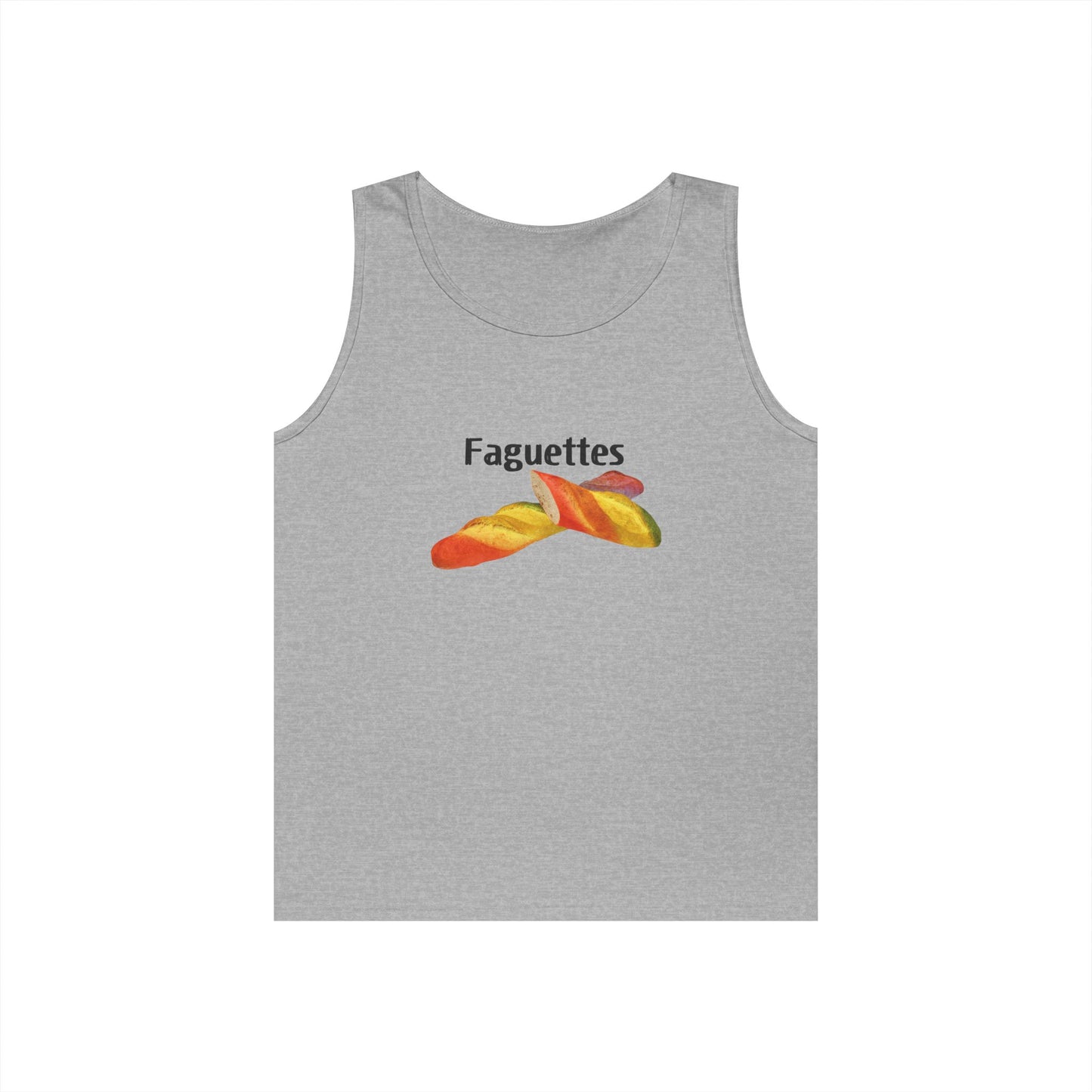Sleeveless tank top featuring a colorful rainbow baguette parody graphic called “Faguettes” with bold pride-inspired colors.
