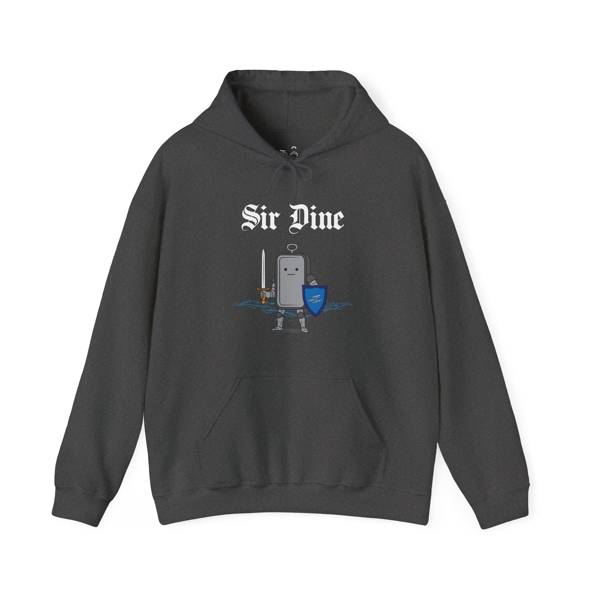 Sir Dine hoodie graphic showing a sardine can dressed as a knight in shining armor
