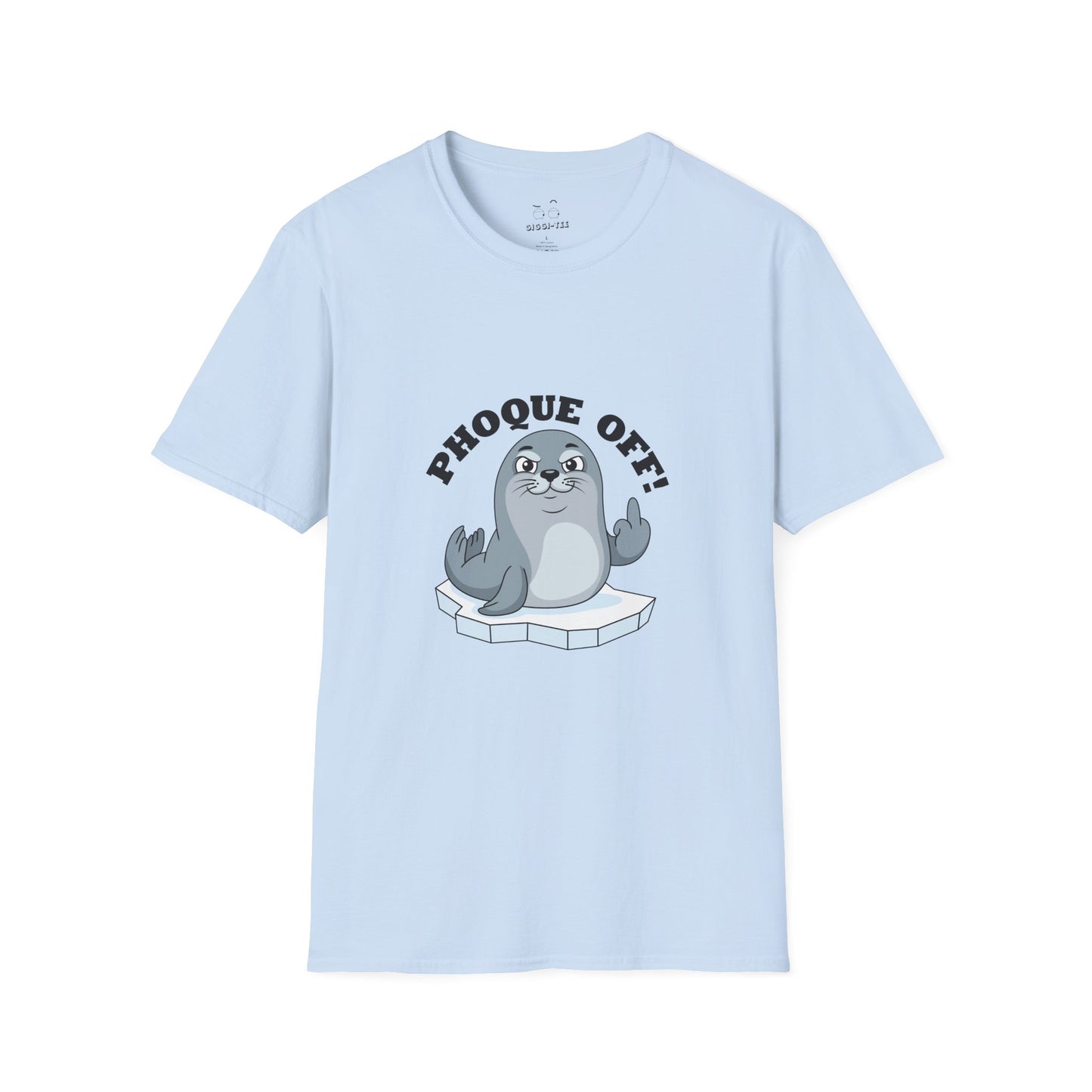 A seal giving the middle finger with the words "Phoque Off," a humorous French wordplay graphic design for a funny pun T-shirt.