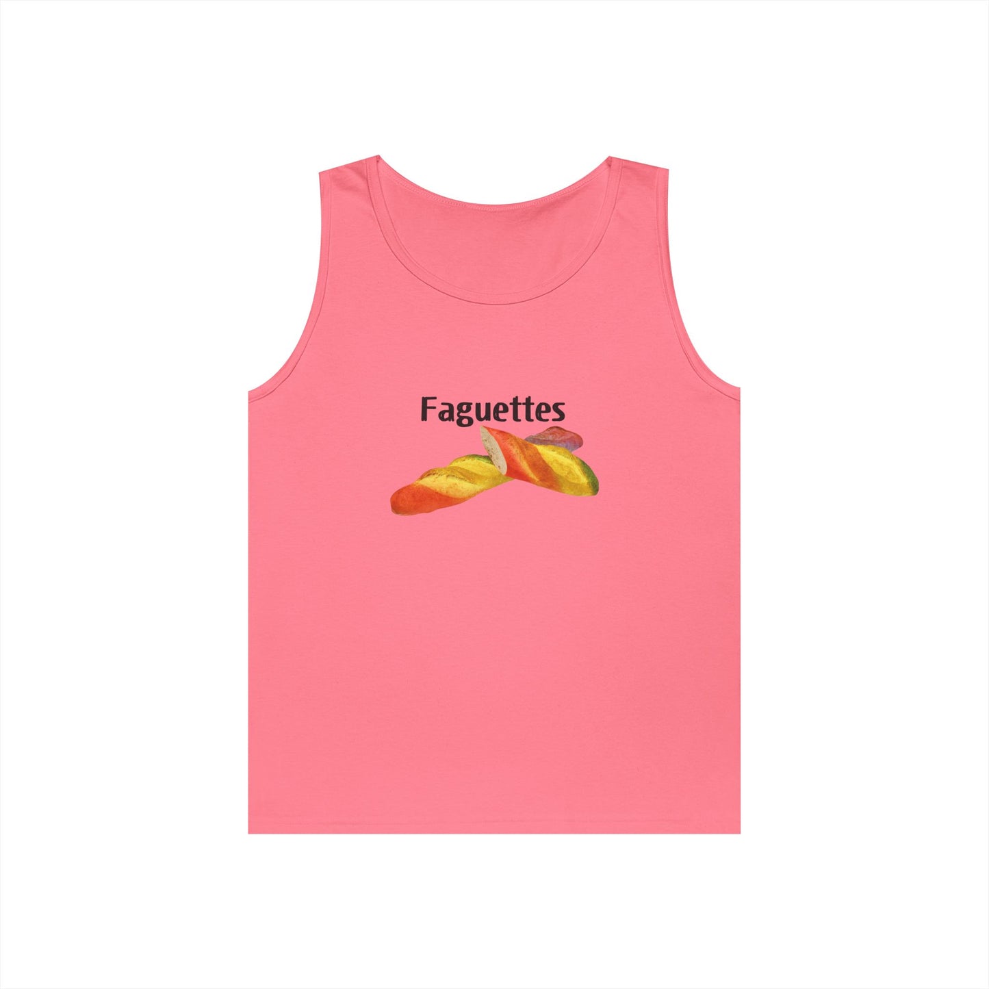 Sleeveless tank top featuring a colorful rainbow baguette parody graphic called “Faguettes” with bold pride-inspired colors.