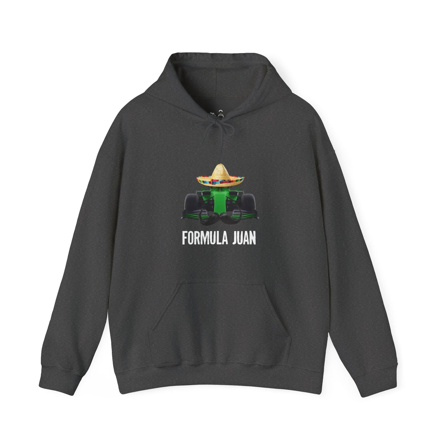 Formula Juan racing hoodie featuring a green race car with sombrero and mustache