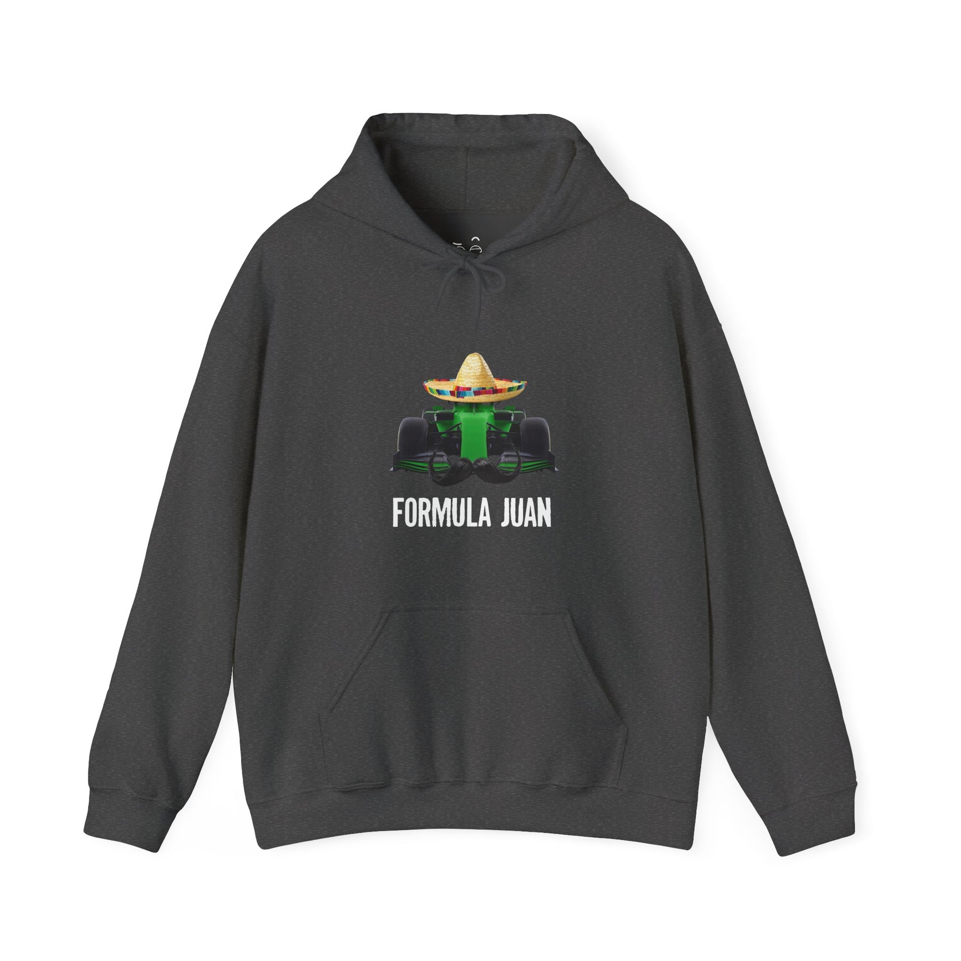 Formula Juan racing hoodie featuring a green race car with sombrero and mustache