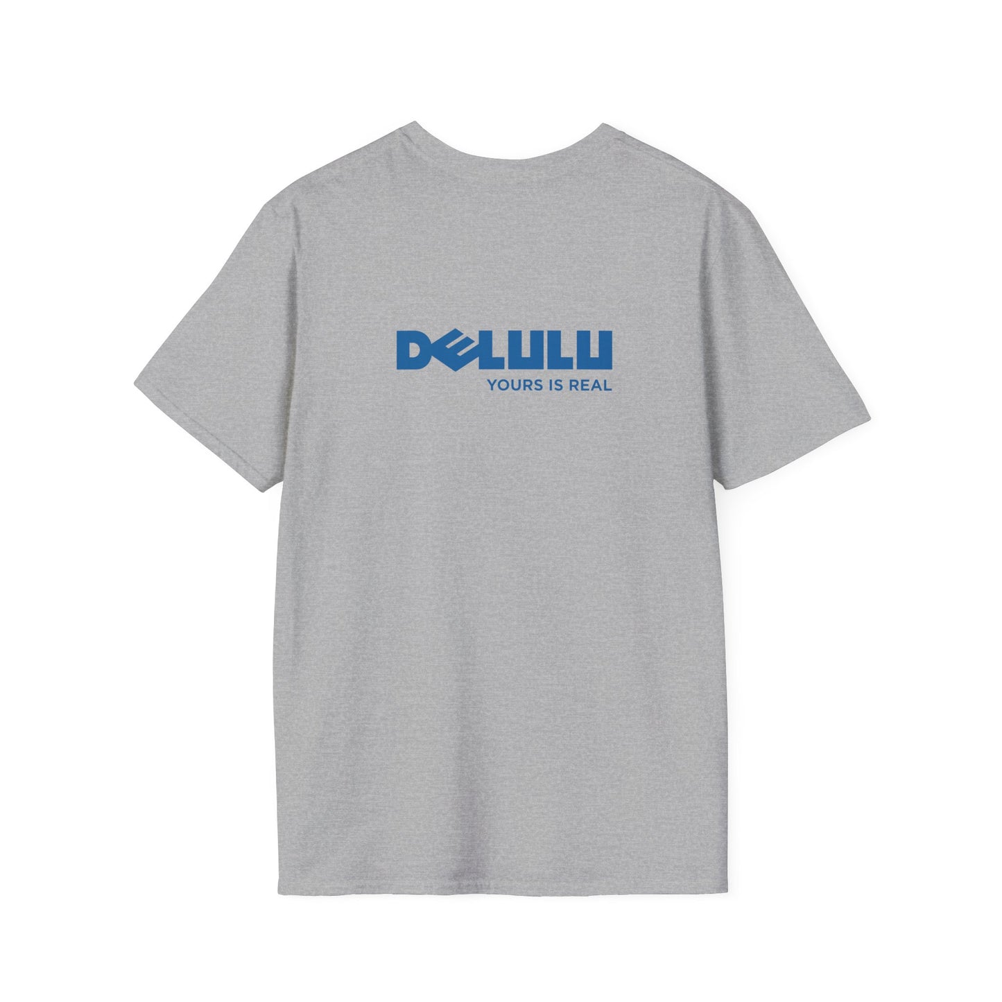 Delulu parody back print t-shirt design with Dell logo transformed into the word ‘Delulu’, nerdy tech humor shirt, laptop and computer fan gift