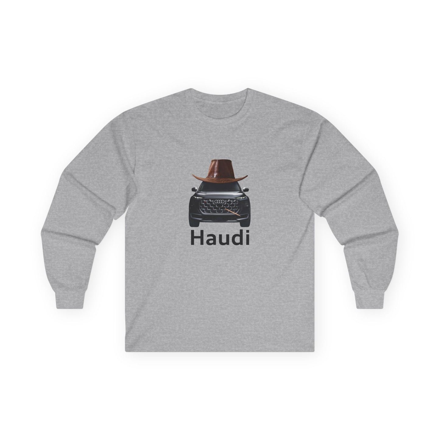 Haudi funny car long sleeve shirt showing an Audi with cowboy hat and toothpick