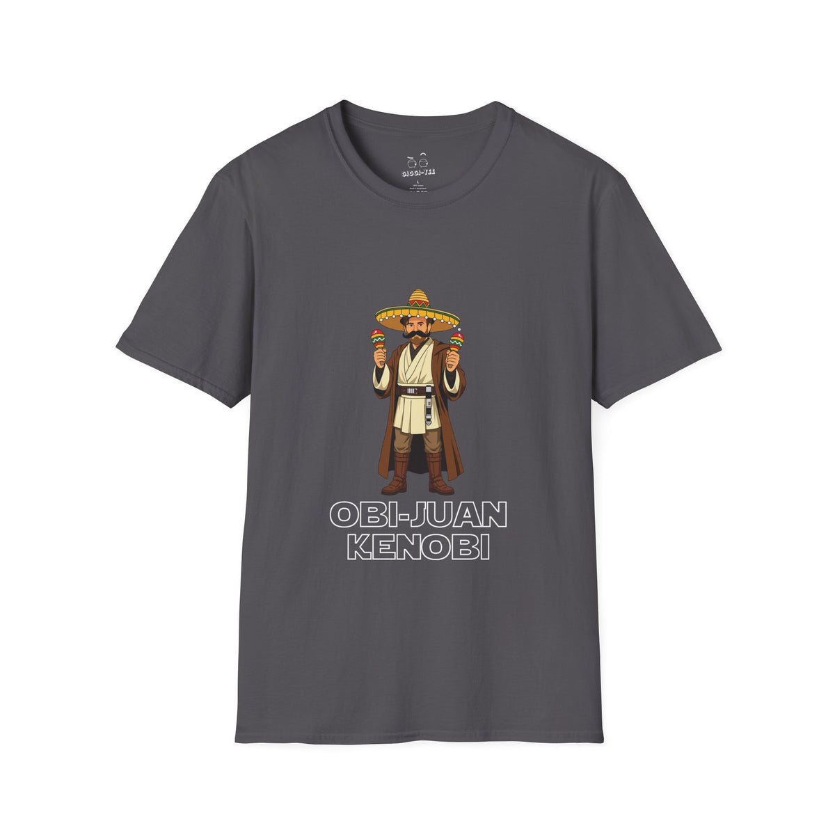 Obi Juan Kenobi: Star wars parody shirt with a Jedi wearing a sombrero and Mexican mustache, holding two maracas. Funny sci-fi pun graphic.