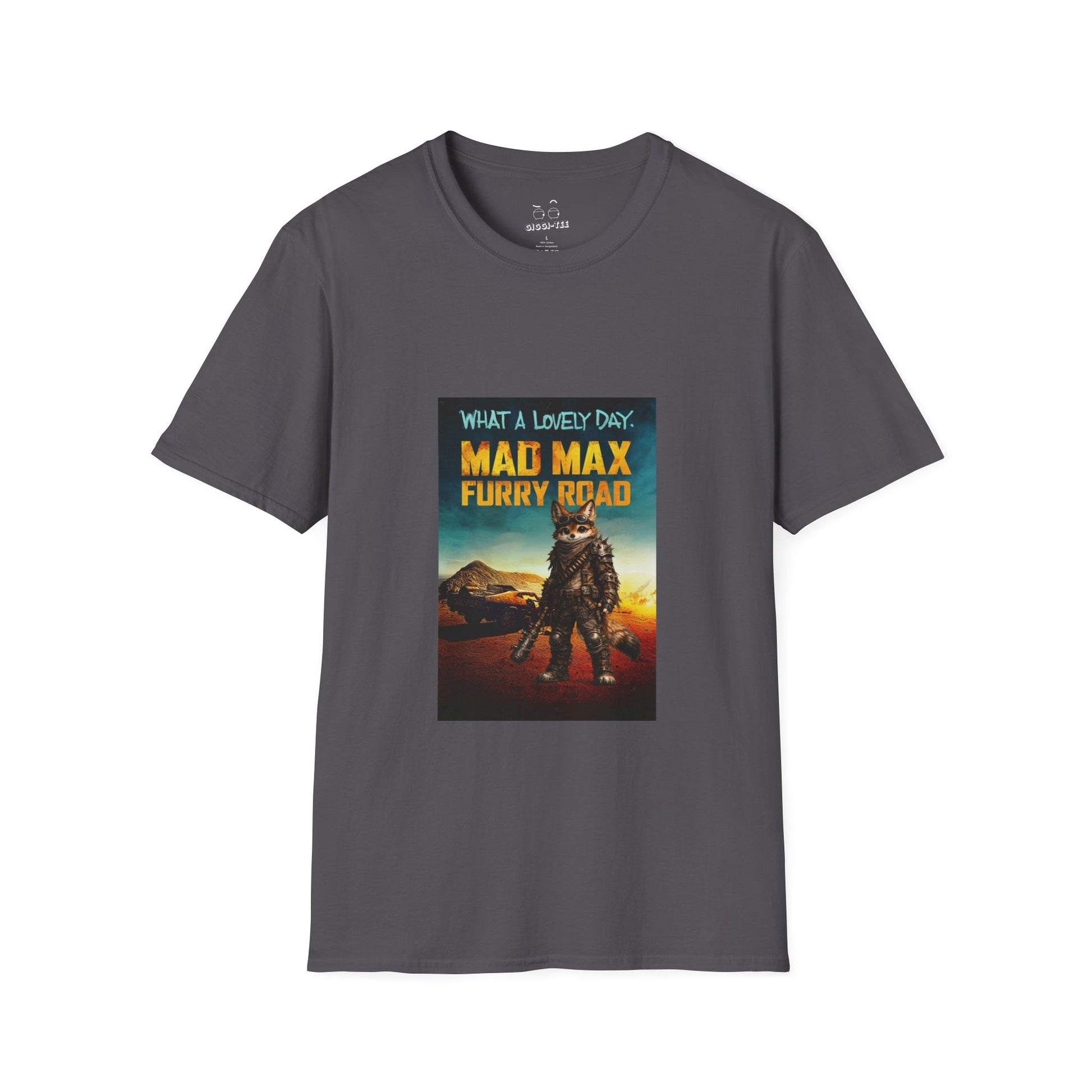 Mad Max Furry Road t-shirt design parody featuring a furry character on a post-apocalyptic movie poster style graphic.