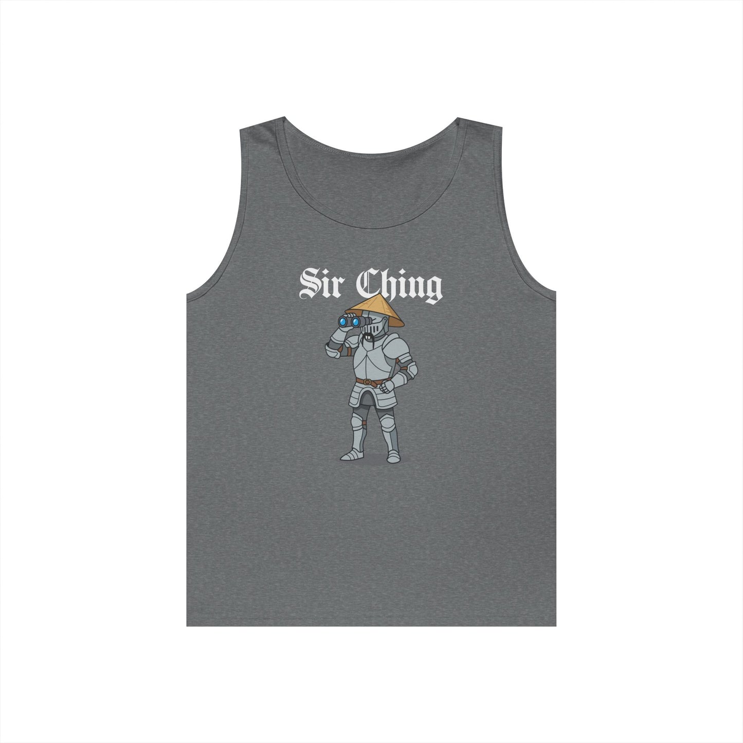Sir Ching funny knight graphic tank top showing a goofy Asian-inspired medieval knight in shining armor searching with binoculars, wearing a cone hat and buck teeth.