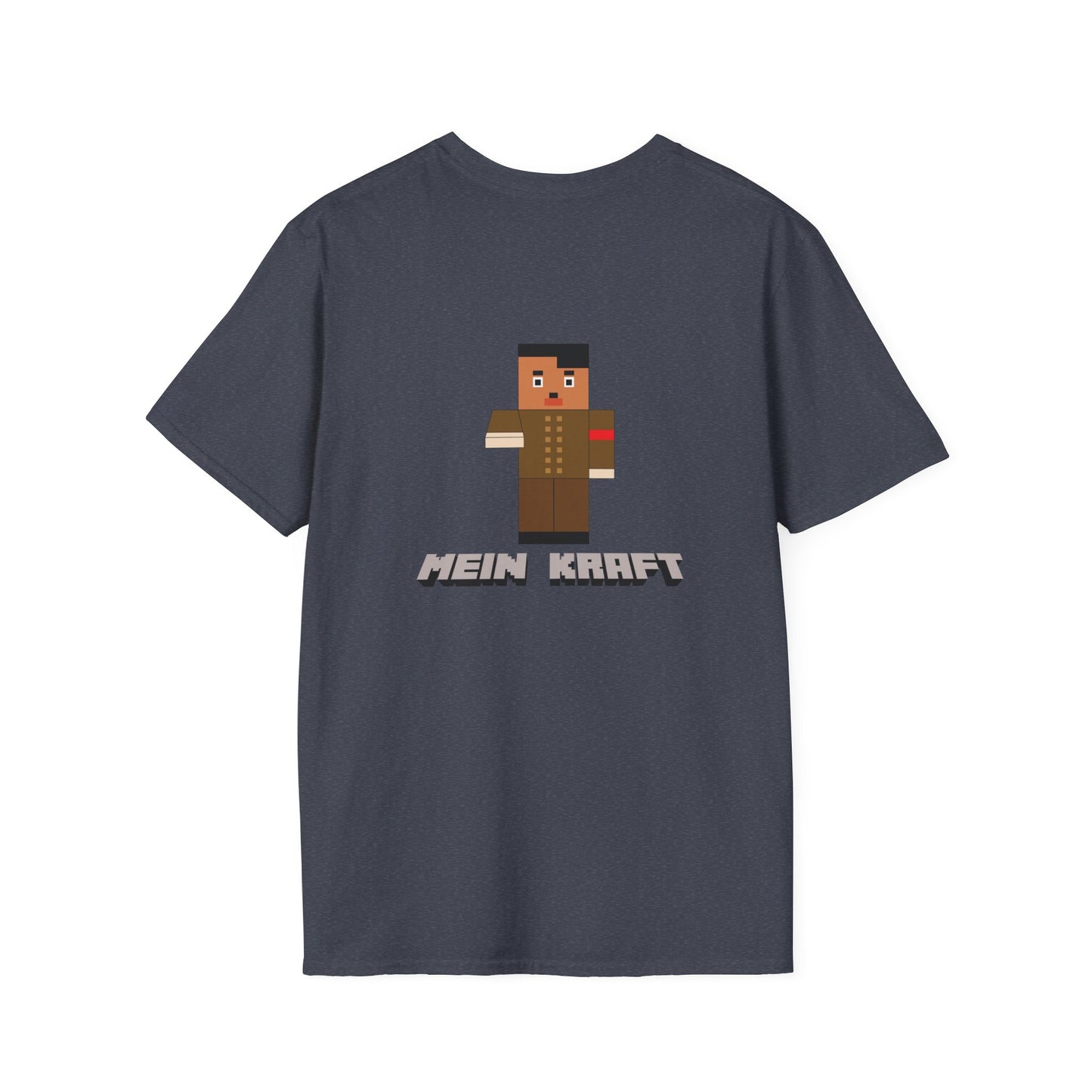 Back print T-shirt featuring a blocky Minecraft-style character dressed in a dictator’s uniform with a toothbrush mustache.