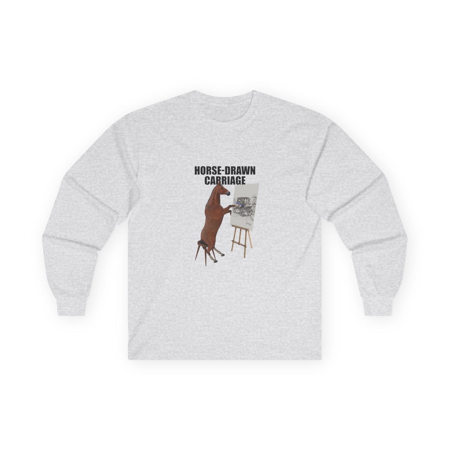 Horse sitting on a stool with a pencil, drawing a carriage on a canvas. Funny visual pun shirt on the phrase 'horse-drawn carriage'.