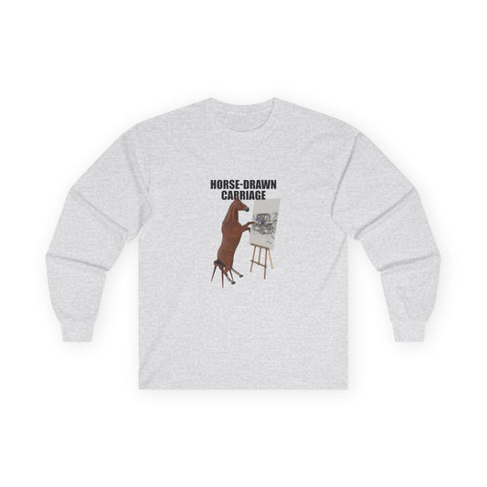 Horse sitting on a stool with a pencil, drawing a carriage on a canvas. Funny visual pun shirt on the phrase 'horse-drawn carriage'.