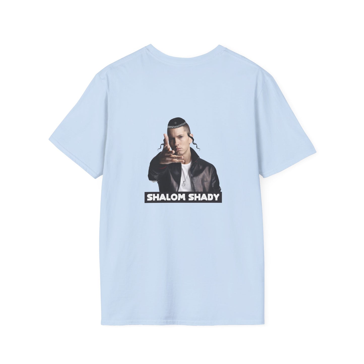 back print shirt of Eminem parody titled “Shalom Shady,” featuring Slim Shady wearing a kippa, payot, and a Star of David necklace.