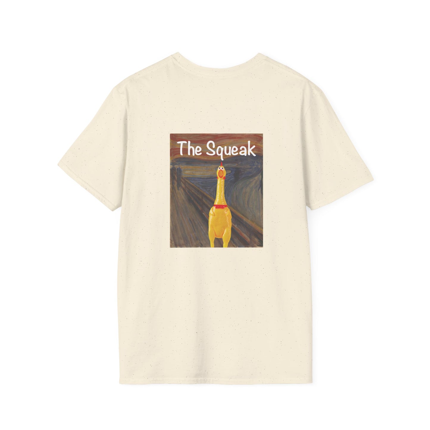 Parody of The Scream painting featuring a squeaky rubber chicken in place of the screaming figure on a t-shirt design.
